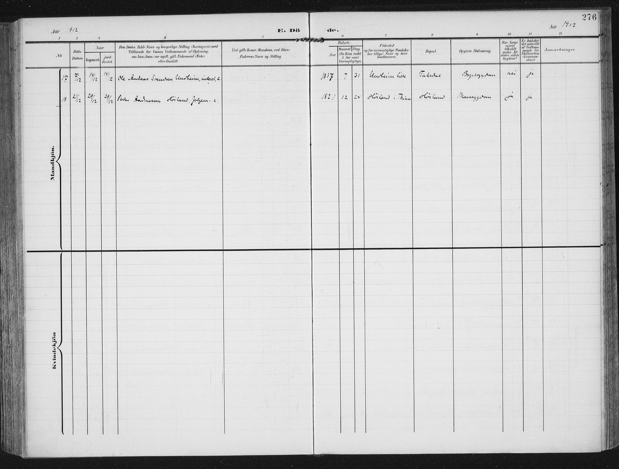 Lye sokneprestkontor, AV/SAST-A-101794/002/A/L0001: Parish register (official) no. A 12, 1904-1920, p. 276