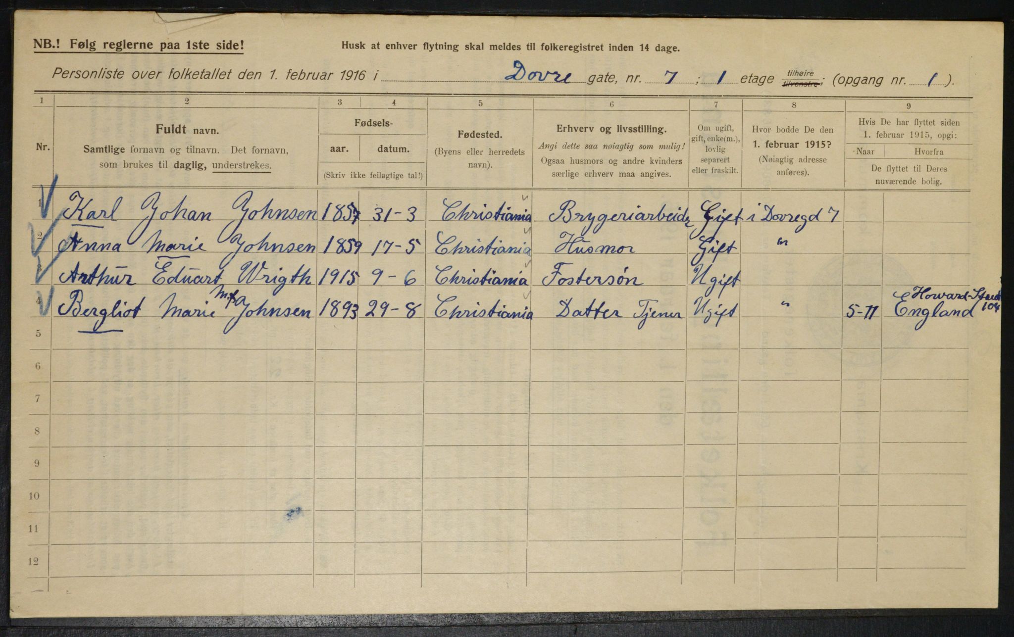 OBA, Municipal Census 1916 for Kristiania, 1916, p. 16318