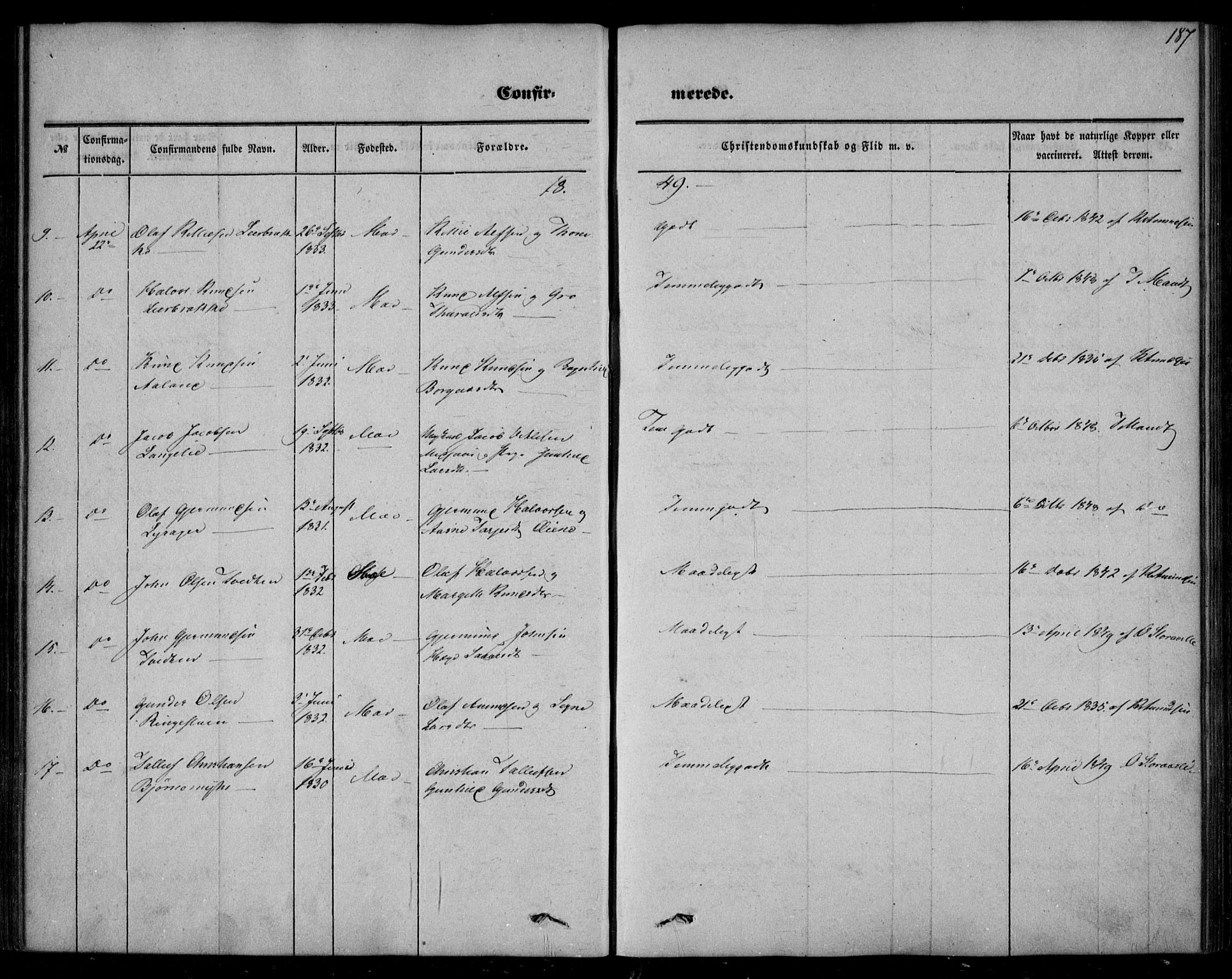 Mo kirkebøker, SAKO/A-286/F/Fa/L0005: Parish register (official) no. I 5, 1844-1864, p. 187