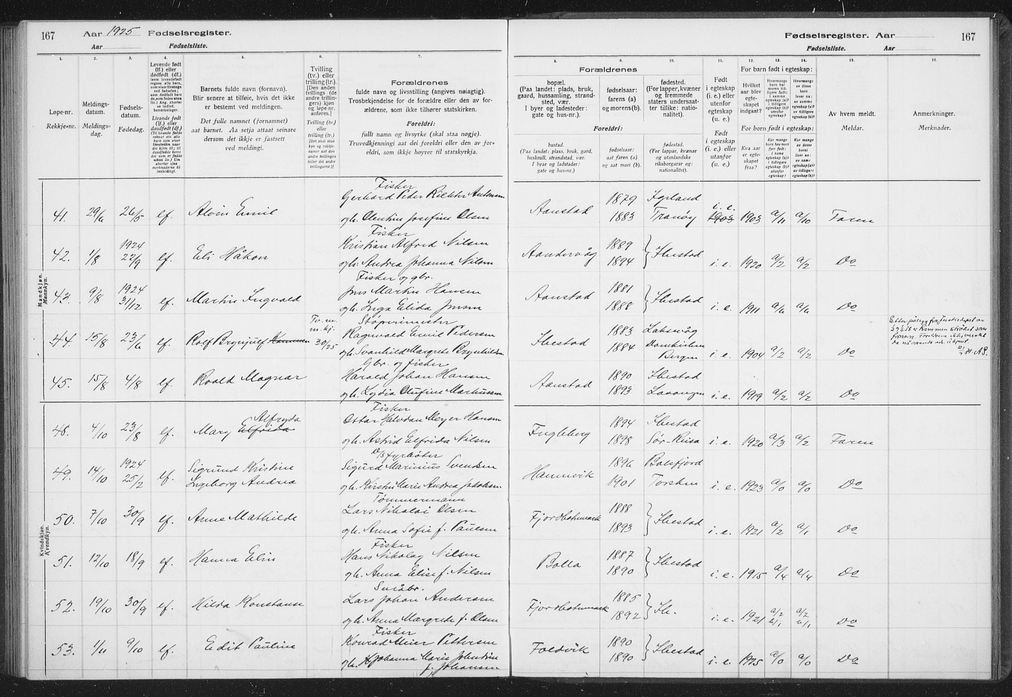 Ibestad sokneprestembete, AV/SATØ-S-0077/I/Ic/L0061: Birth register no. 61, 1917-1929, p. 167