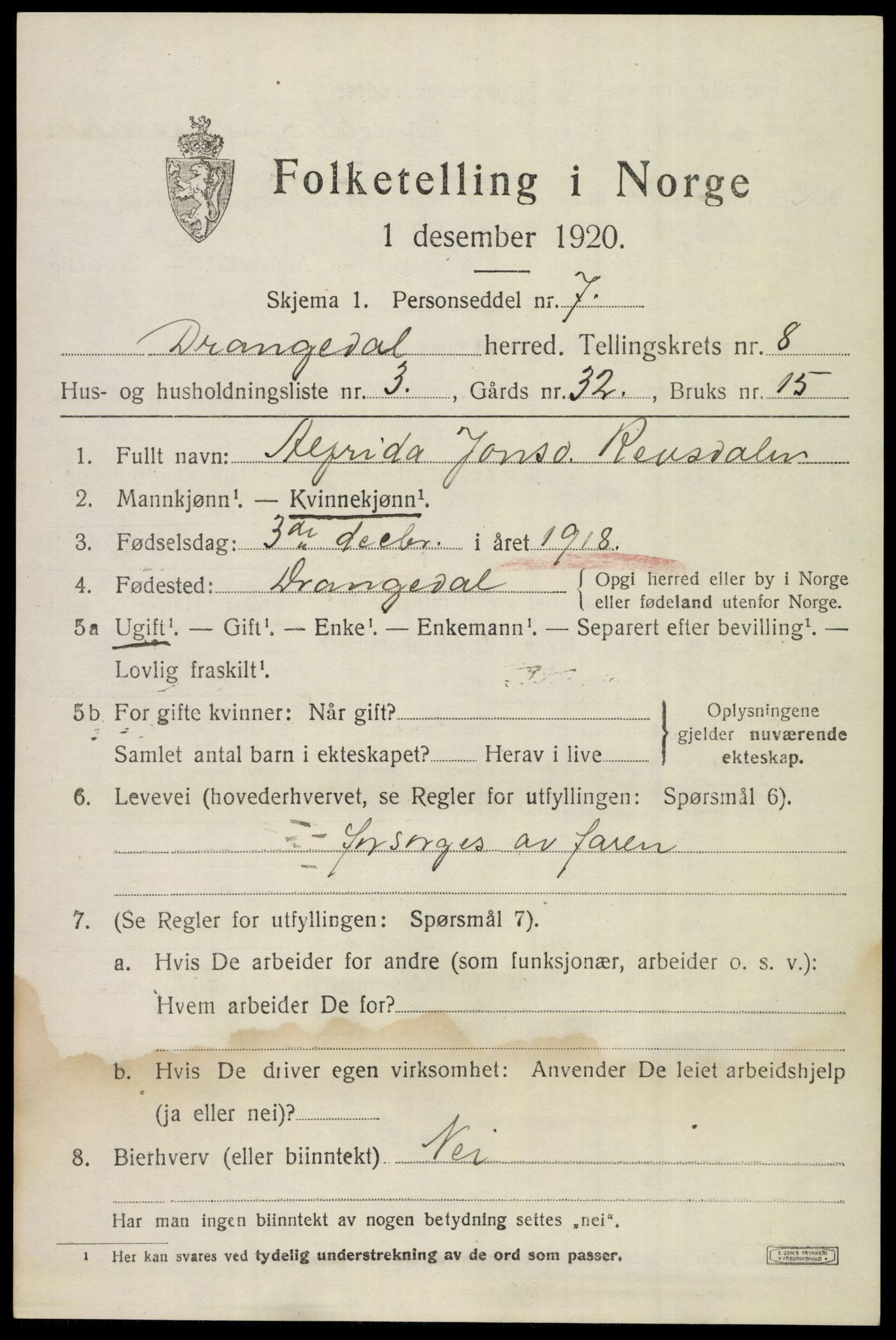 SAKO, 1920 census for Drangedal, 1920, p. 4971