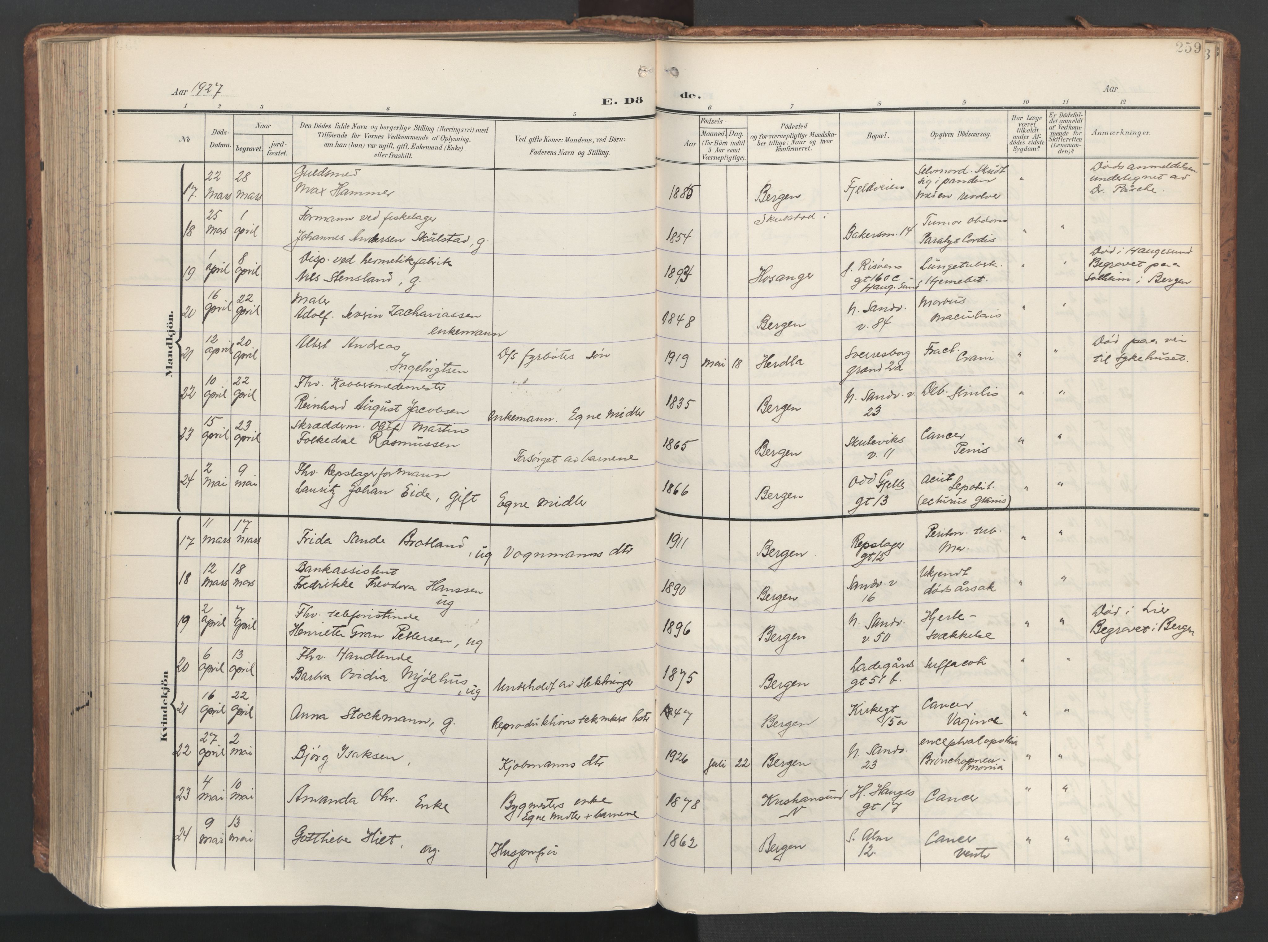 Sandviken Sokneprestembete, AV/SAB-A-77601/H/Ha/L0019: Parish register (official) no. E 2, 1905-1933, p. 259