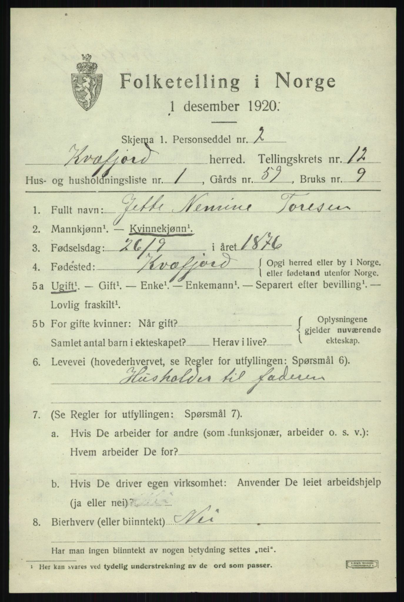 SATØ, 1920 census for Kvæfjord, 1920, p. 5741