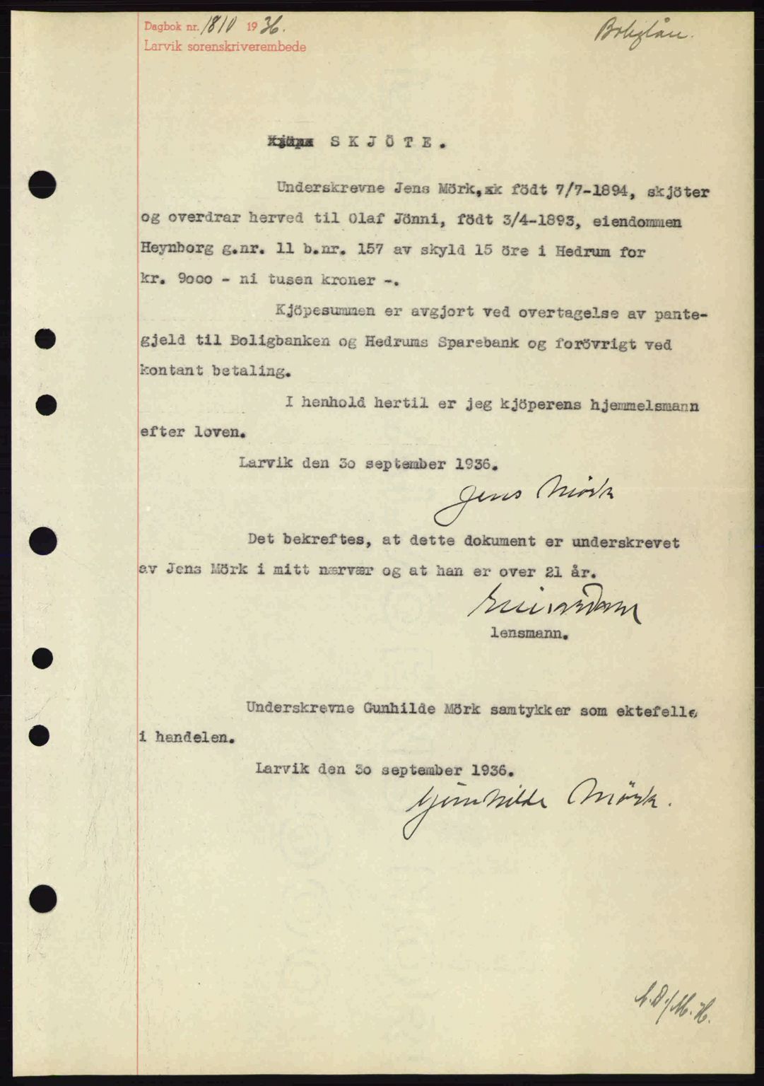 Larvik sorenskriveri, SAKO/A-83/G/Ga/Gab/L0067: Mortgage book no. A-1, 1936-1937, Diary no: : 1810/1936