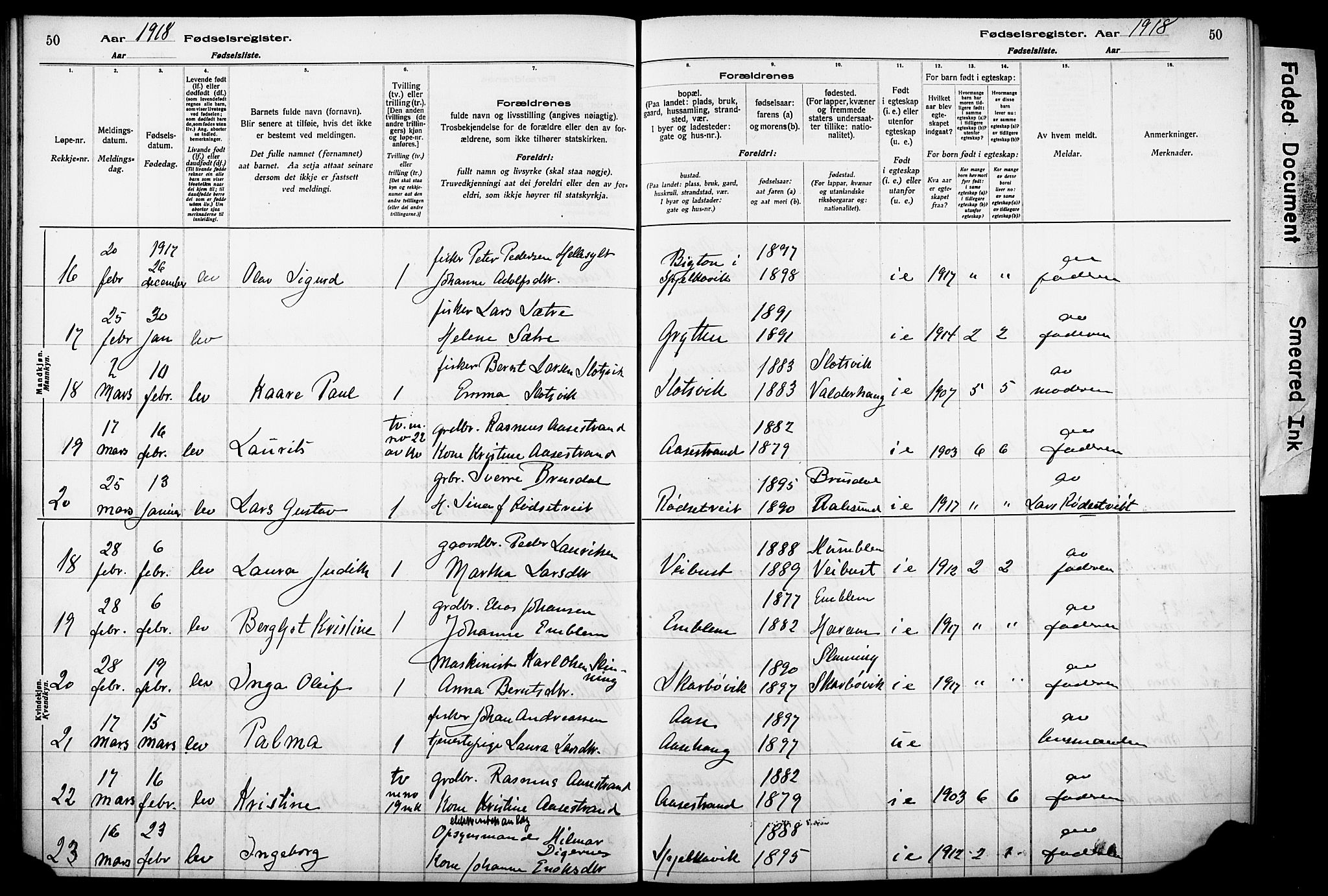 Ministerialprotokoller, klokkerbøker og fødselsregistre - Møre og Romsdal, AV/SAT-A-1454/528/L0442: Birth register no. 528.II.4.1, 1916-1924, p. 50