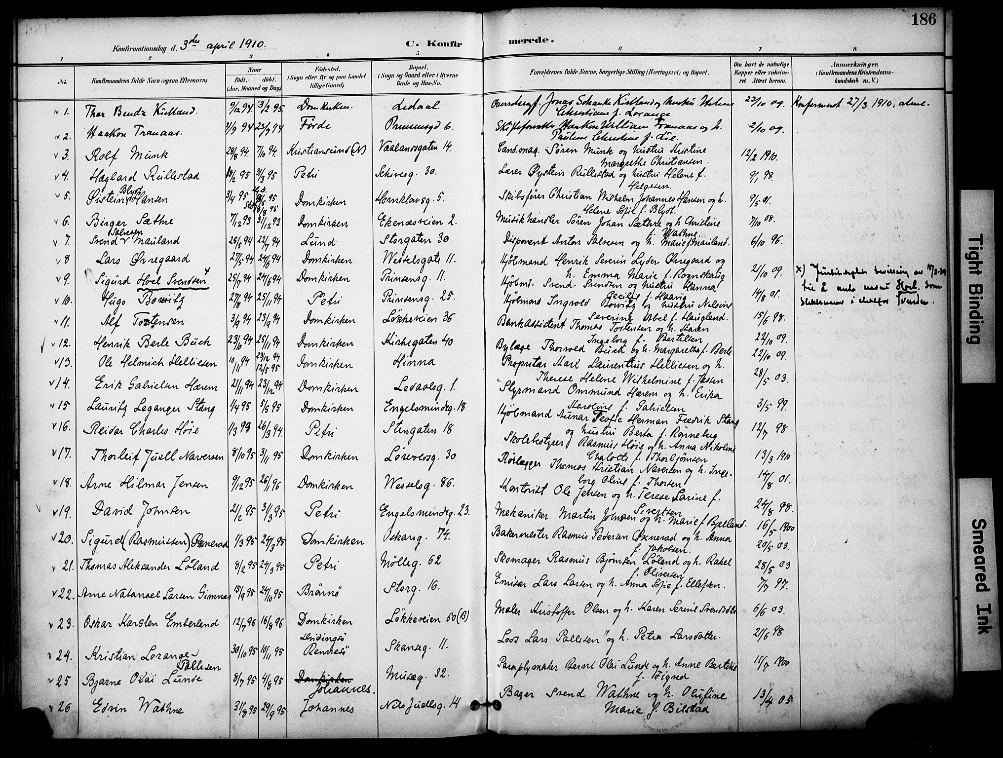 Domkirken sokneprestkontor, SAST/A-101812/001/30/30BA/L0031: Parish register (official) no. A 30, 1896-1916, p. 186