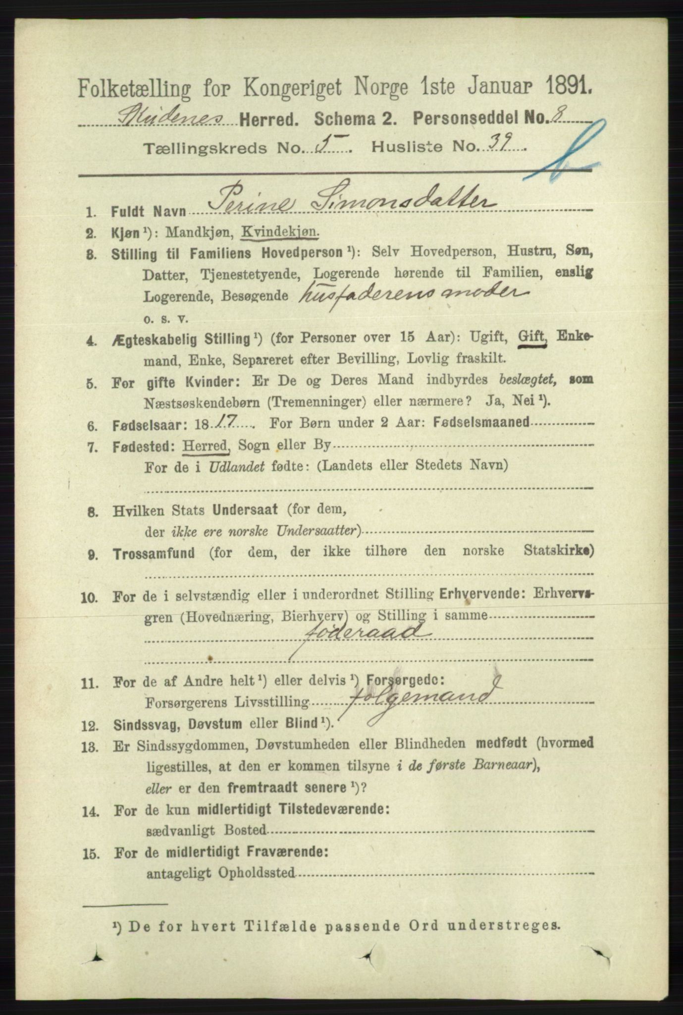RA, 1891 census for 1150 Skudenes, 1891, p. 5437