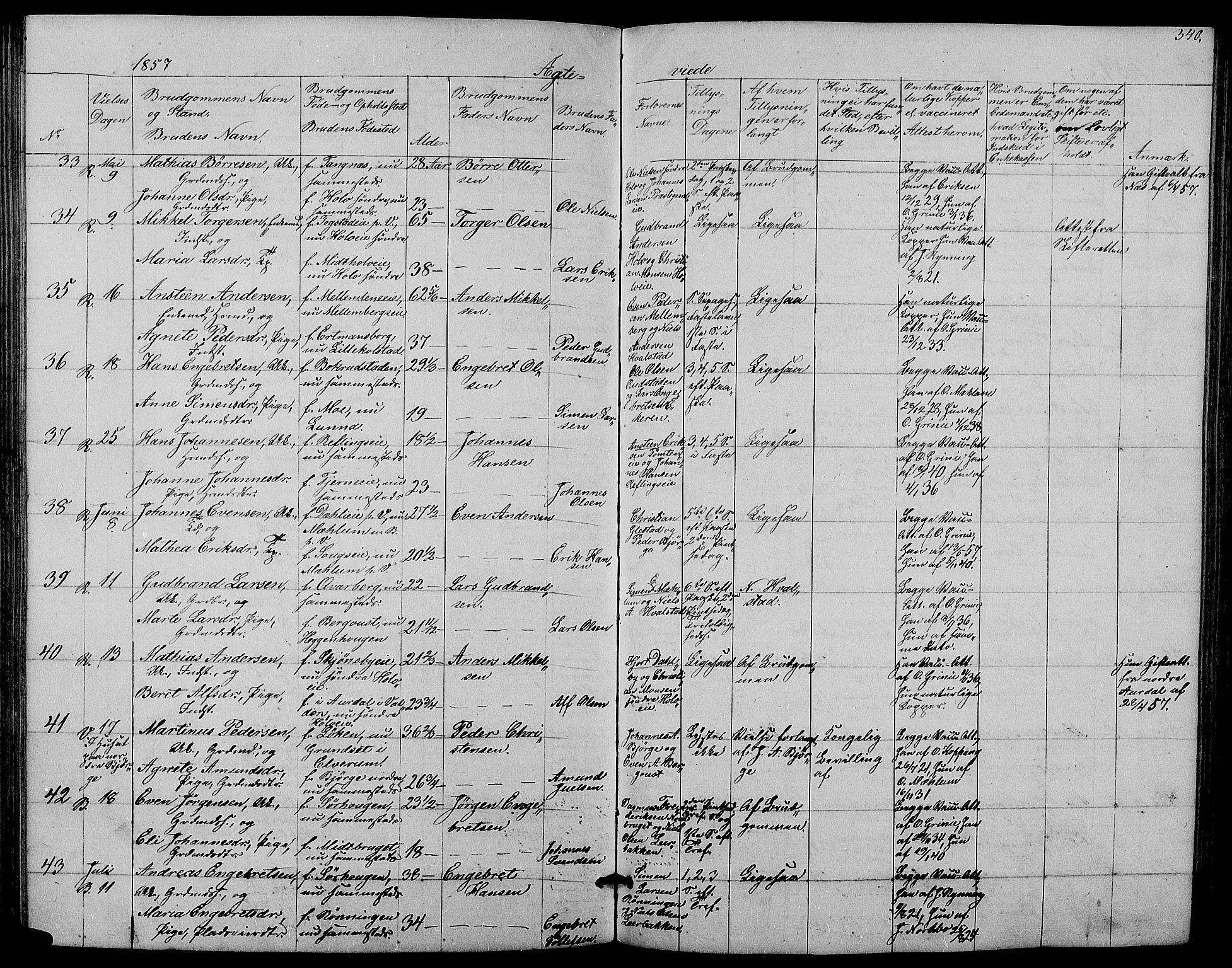Ringsaker prestekontor, SAH/PREST-014/L/La/L0006: Parish register (copy) no. 6, 1851-1860, p. 340