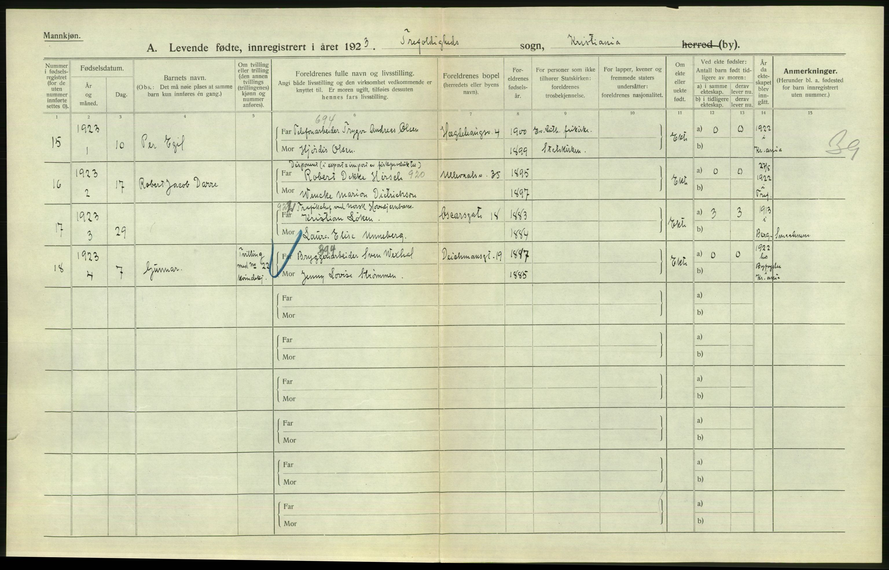 Statistisk sentralbyrå, Sosiodemografiske emner, Befolkning, AV/RA-S-2228/D/Df/Dfc/Dfcc/L0006: Kristiania: Levendefødte menn og kvinner., 1923, p. 814