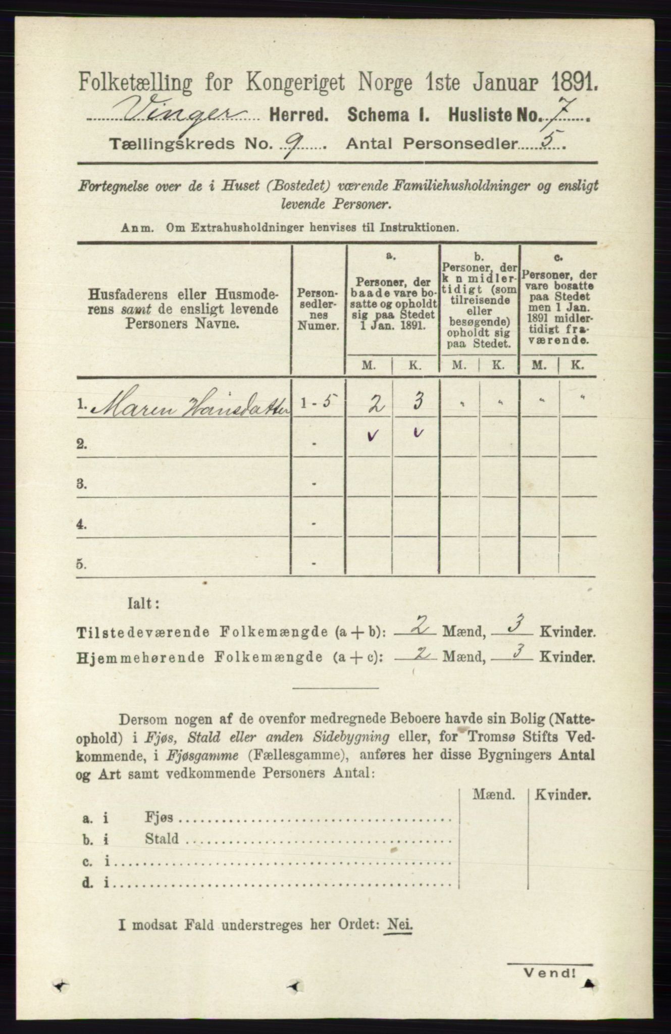 RA, 1891 census for 0421 Vinger, 1891, p. 4289