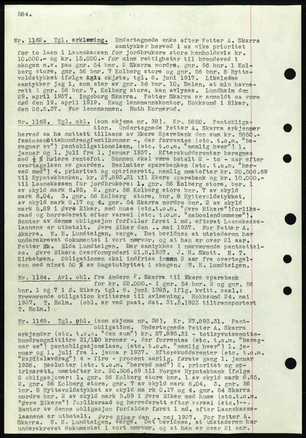 Eiker, Modum og Sigdal sorenskriveri, SAKO/A-123/G/Ga/Gab/L0035: Mortgage book no. A5, 1937-1937, Diary no: : 1162/1937