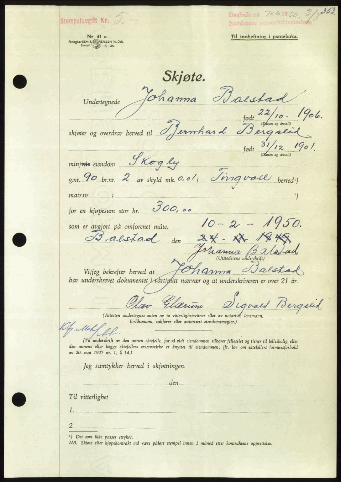 Nordmøre sorenskriveri, AV/SAT-A-4132/1/2/2Ca: Mortgage book no. A114, 1950-1950, Diary no: : 706/1950