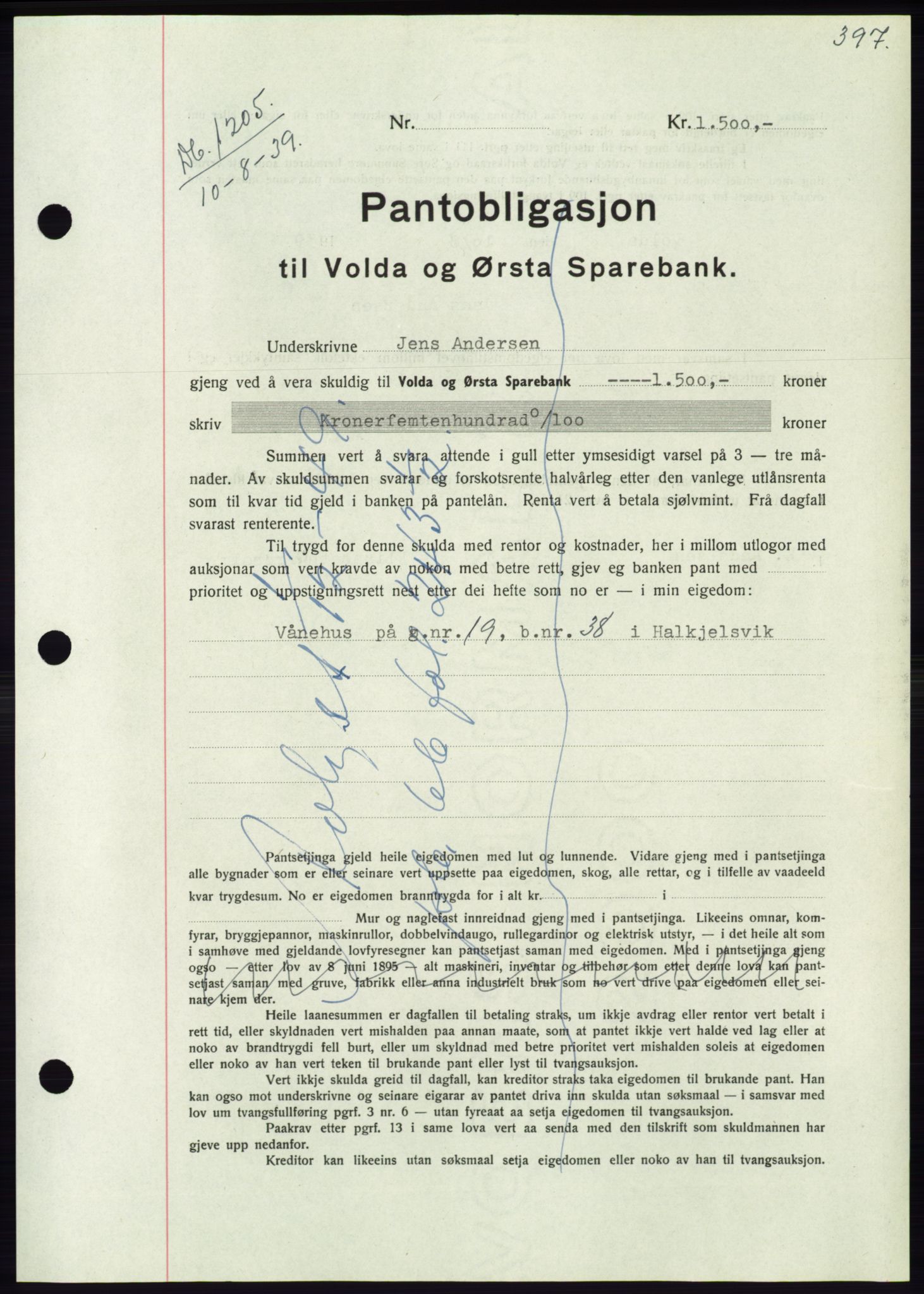 Søre Sunnmøre sorenskriveri, AV/SAT-A-4122/1/2/2C/L0068: Mortgage book no. 62, 1939-1939, Diary no: : 1205/1939