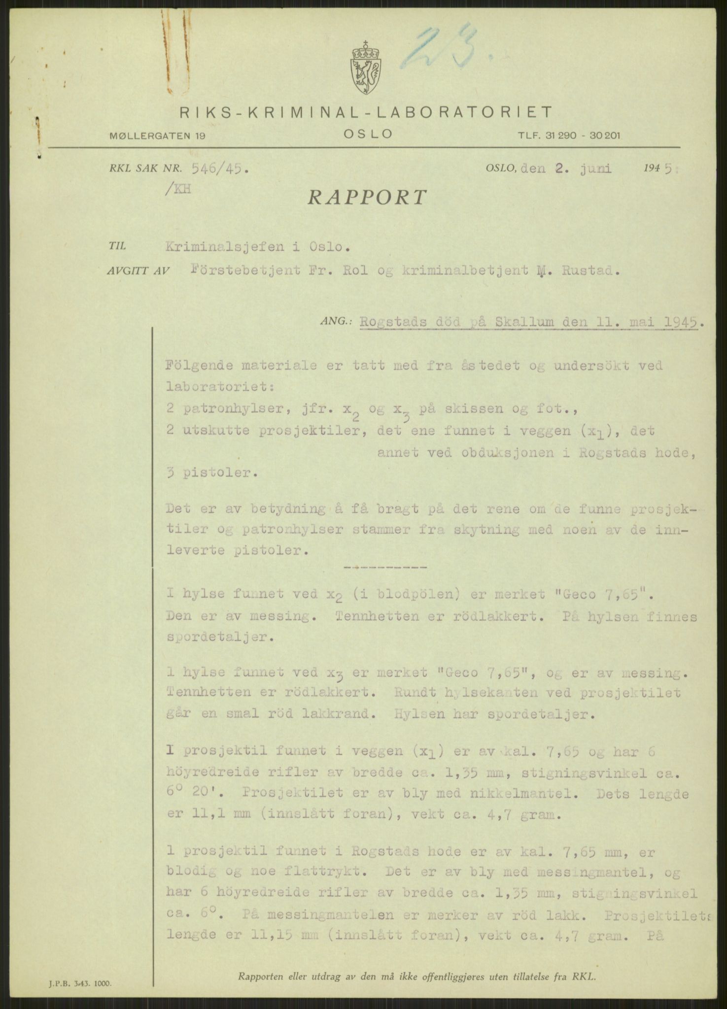 Landssvikarkivet, Oslo politikammer, AV/RA-S-3138-01/D/Dp/L0093/0015: B-sak 3029 - 3048 / Sak 3045, 1945, p. 297