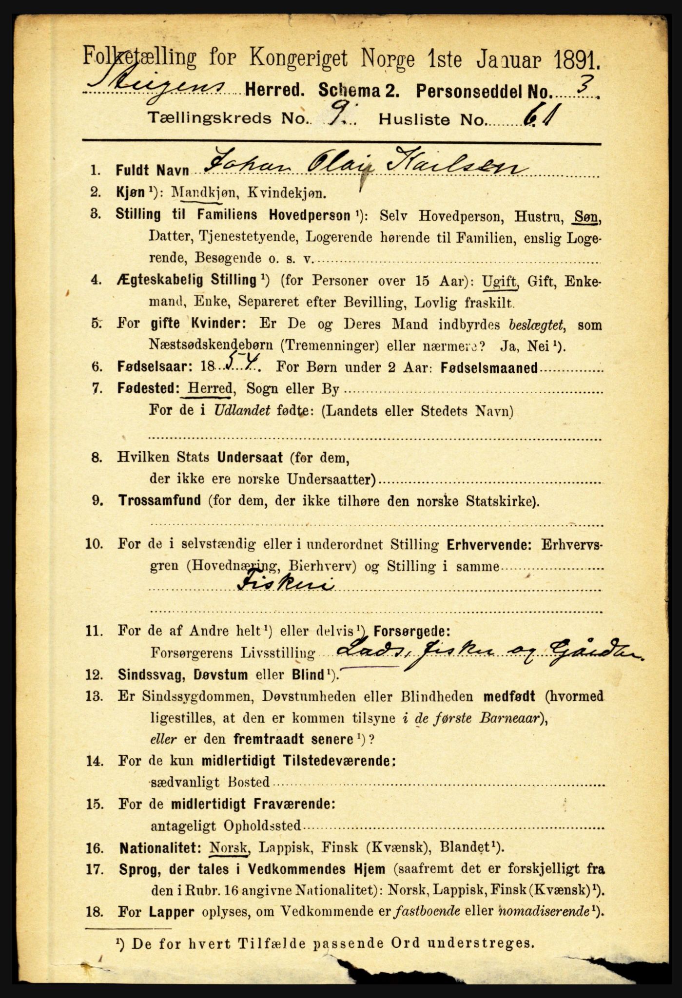 RA, 1891 census for 1848 Steigen, 1891, p. 3395