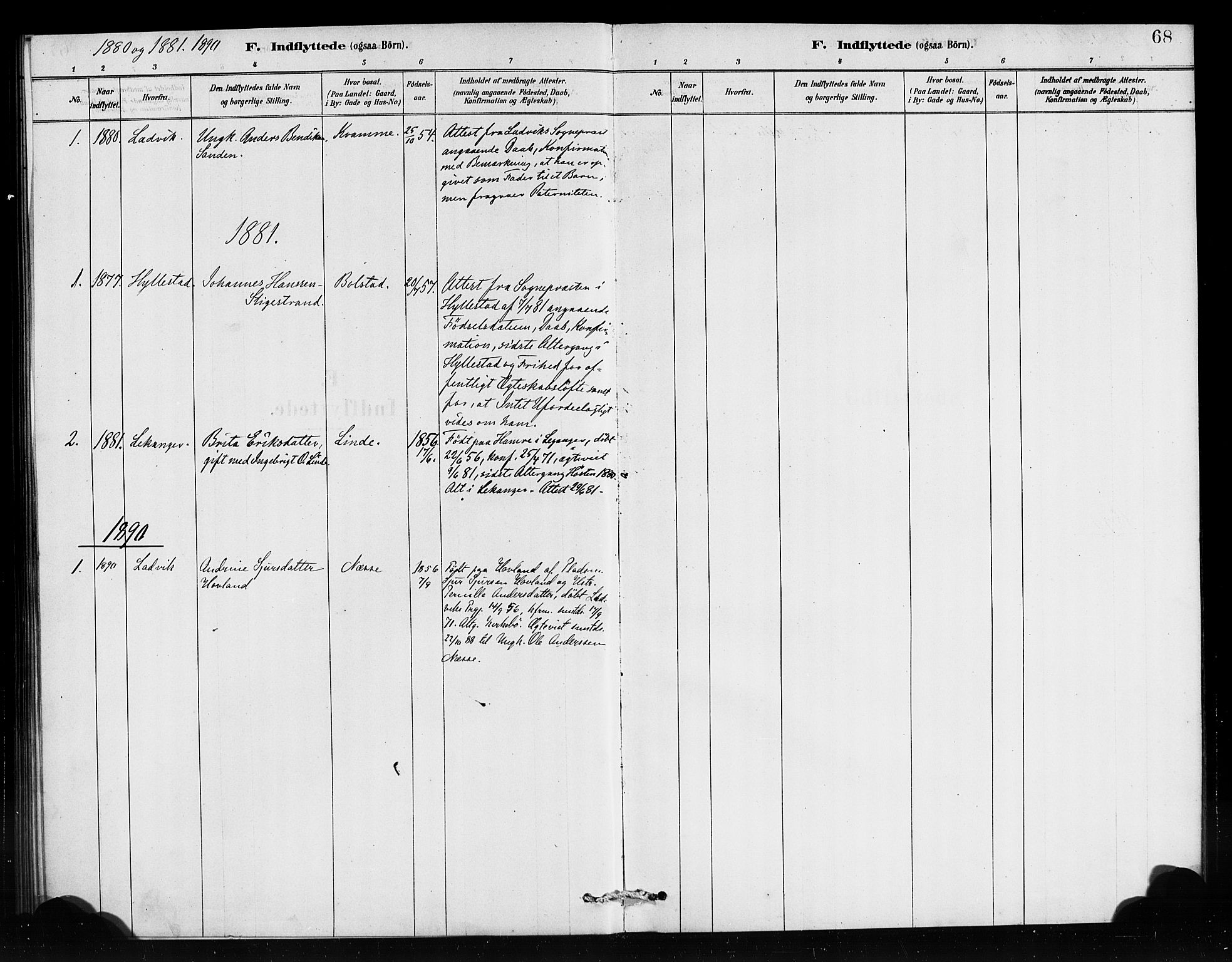 Vik sokneprestembete, AV/SAB-A-81501/H/Haa/Haad/L0001: Parish register (official) no. D 1, 1878-1890, p. 68