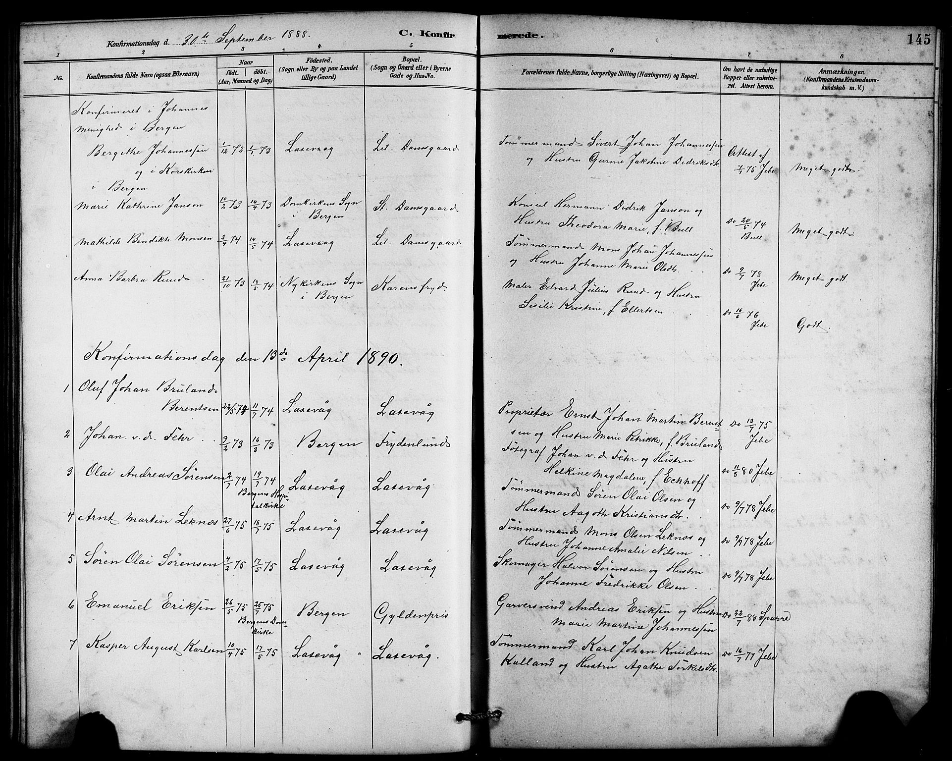 Laksevåg Sokneprestembete, SAB/A-76501/H/Ha/Hab/Haba/L0003: Parish register (copy) no. A 3, 1887-1899, p. 145