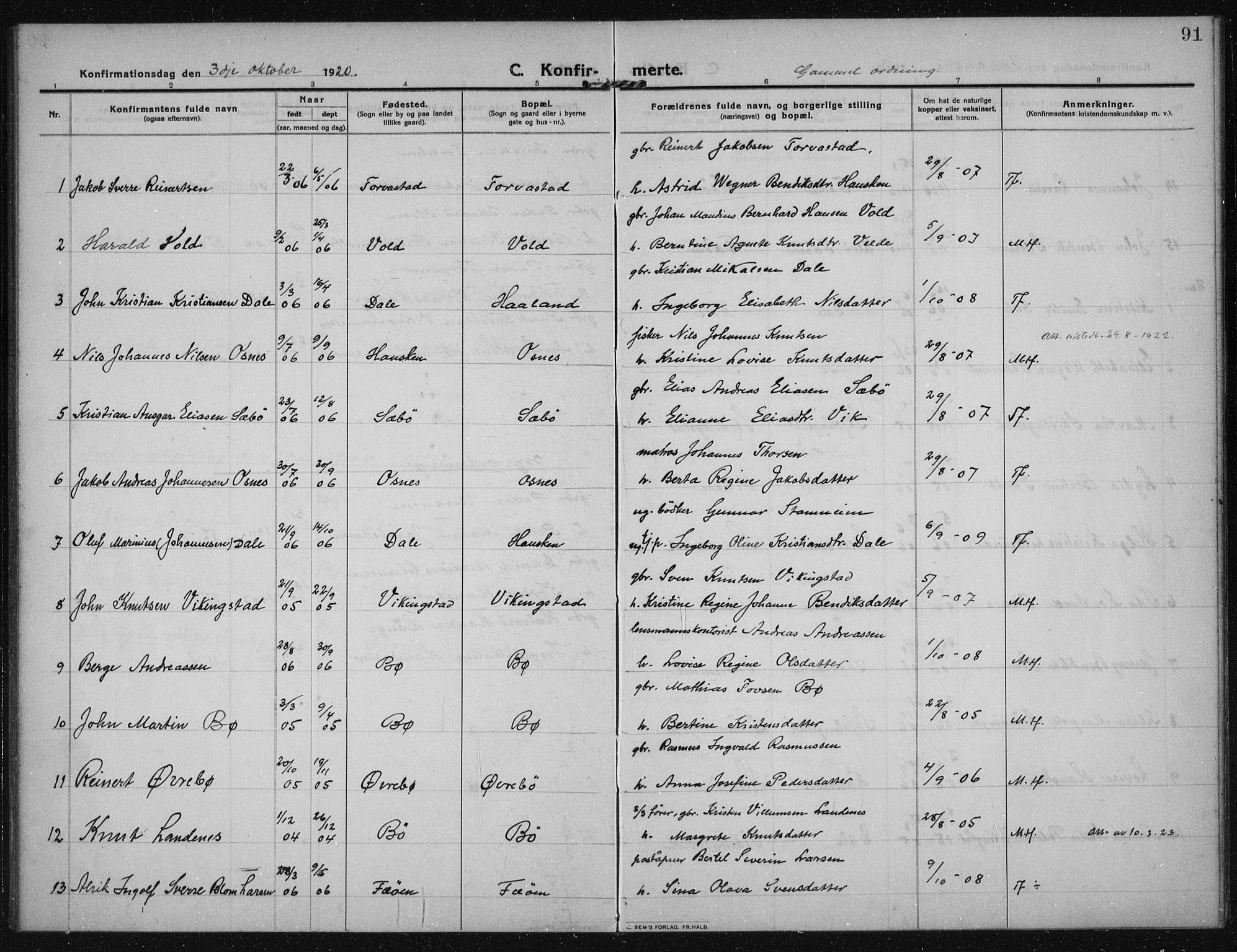 Torvastad sokneprestkontor, SAST/A -101857/H/Ha/Haa/L0019: Parish register (official) no. A 18, 1912-1920, p. 91