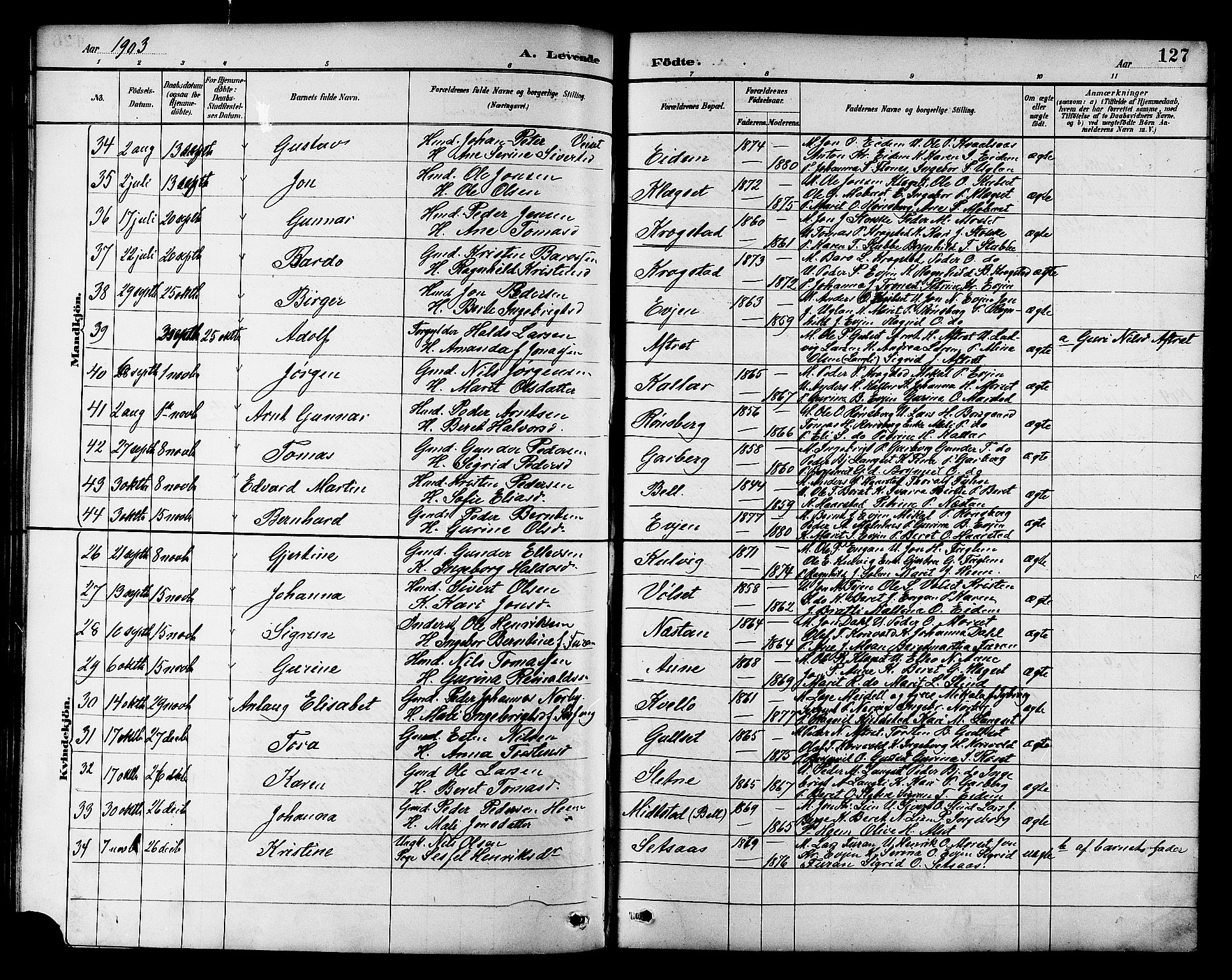 Ministerialprotokoller, klokkerbøker og fødselsregistre - Sør-Trøndelag, AV/SAT-A-1456/695/L1157: Parish register (copy) no. 695C08, 1889-1913, p. 127