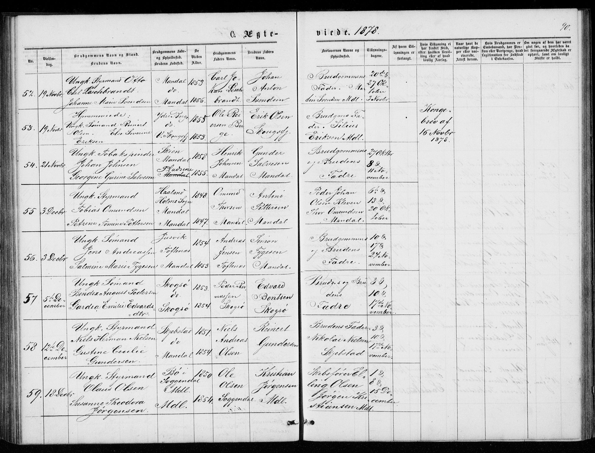 Mandal sokneprestkontor, AV/SAK-1111-0030/F/Fb/Fba/L0010: Parish register (copy) no. B 4, 1876-1880, p. 90