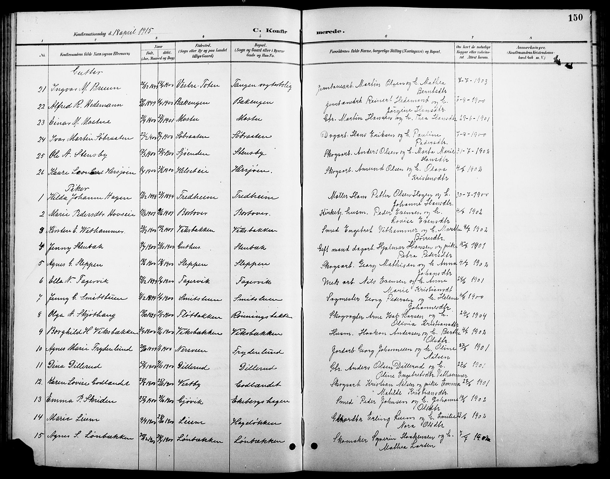 Stange prestekontor, AV/SAH-PREST-002/L/L0011: Parish register (copy) no. 11, 1895-1917, p. 150