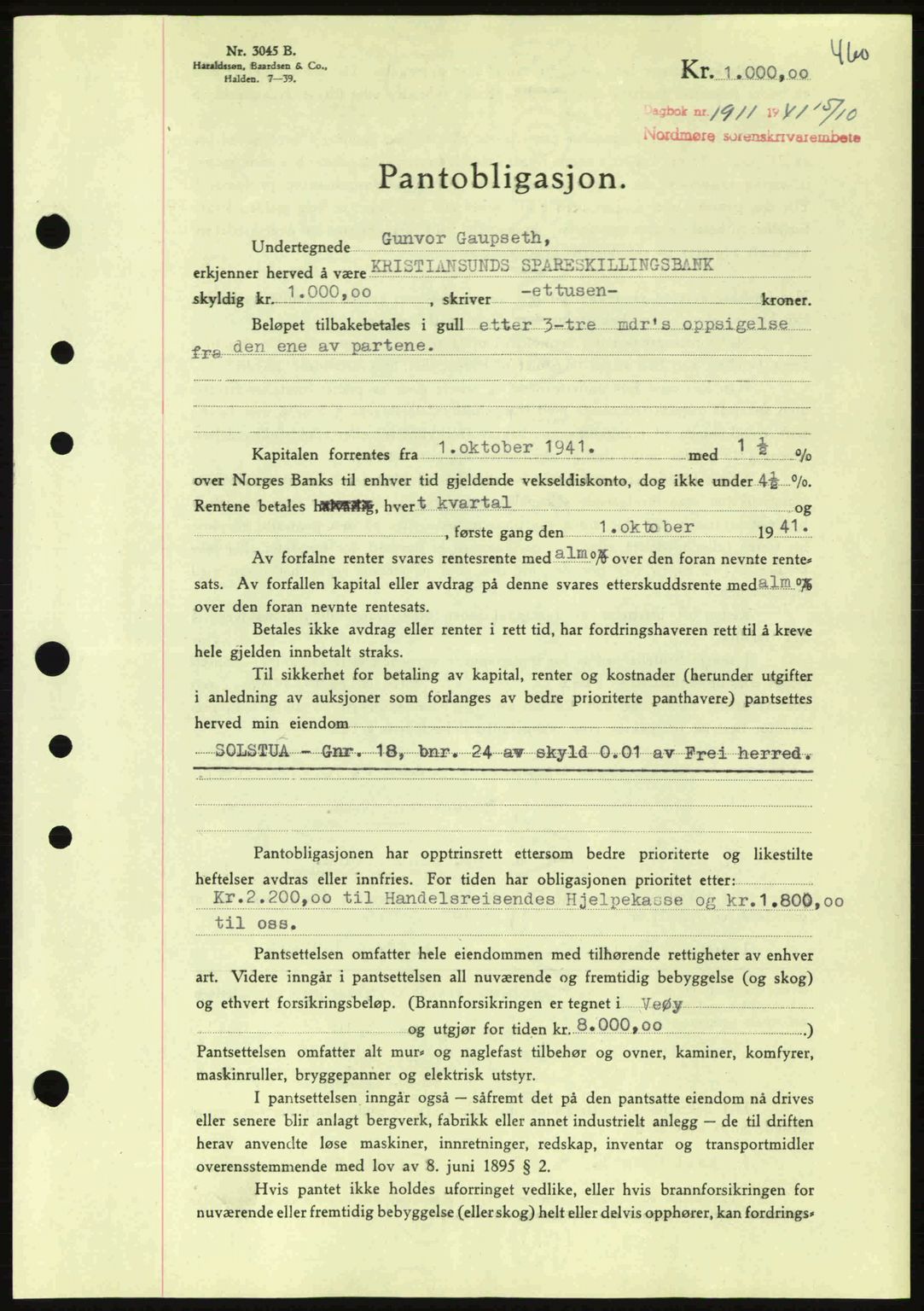 Nordmøre sorenskriveri, SAT/A-4132/1/2/2Ca: Mortgage book no. B88, 1941-1942, Diary no: : 1911/1941