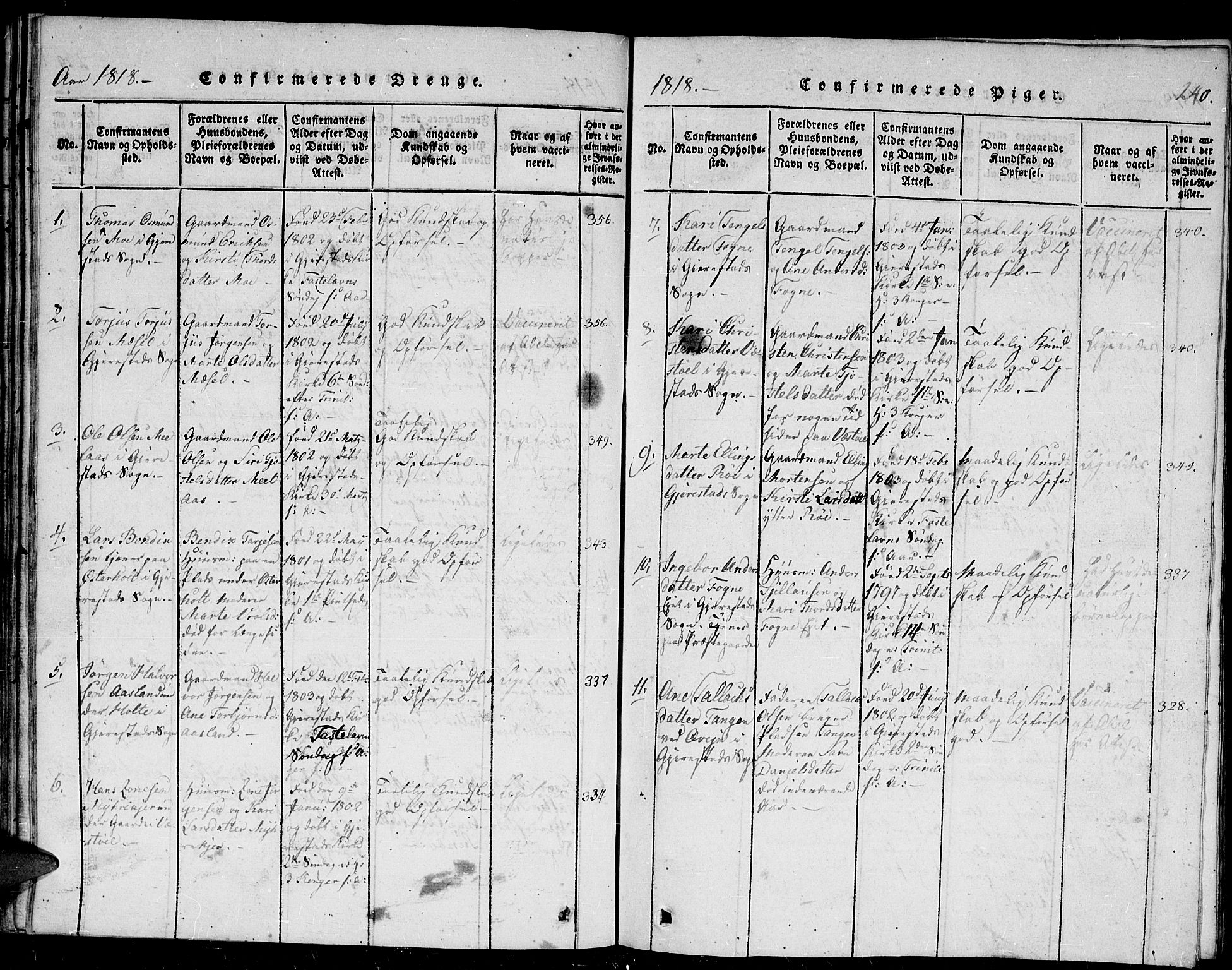 Gjerstad sokneprestkontor, SAK/1111-0014/F/Fb/Fba/L0002: Parish register (copy) no. B 2, 1816-1845, p. 240