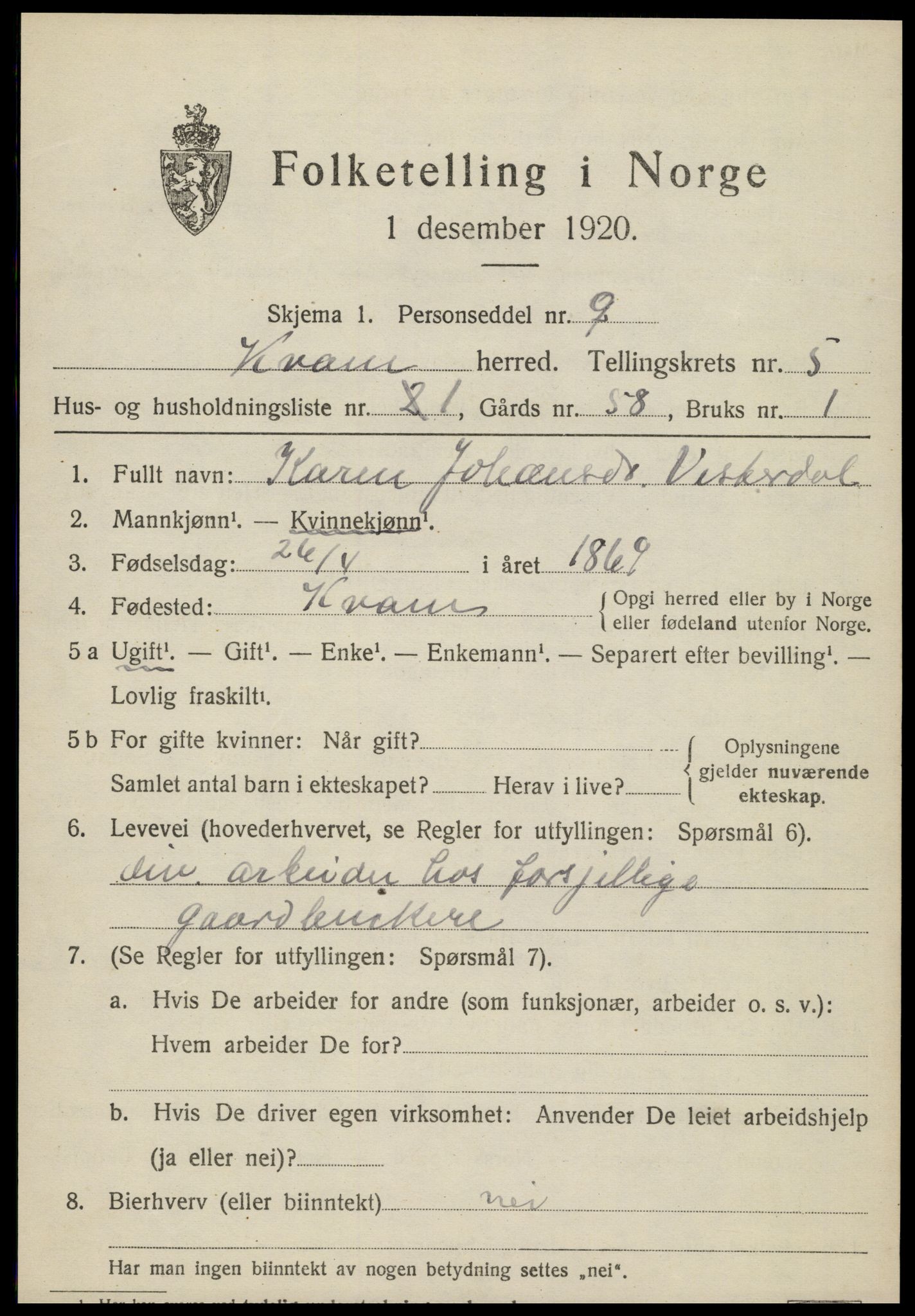 SAT, 1920 census for Kvam, 1920, p. 1393