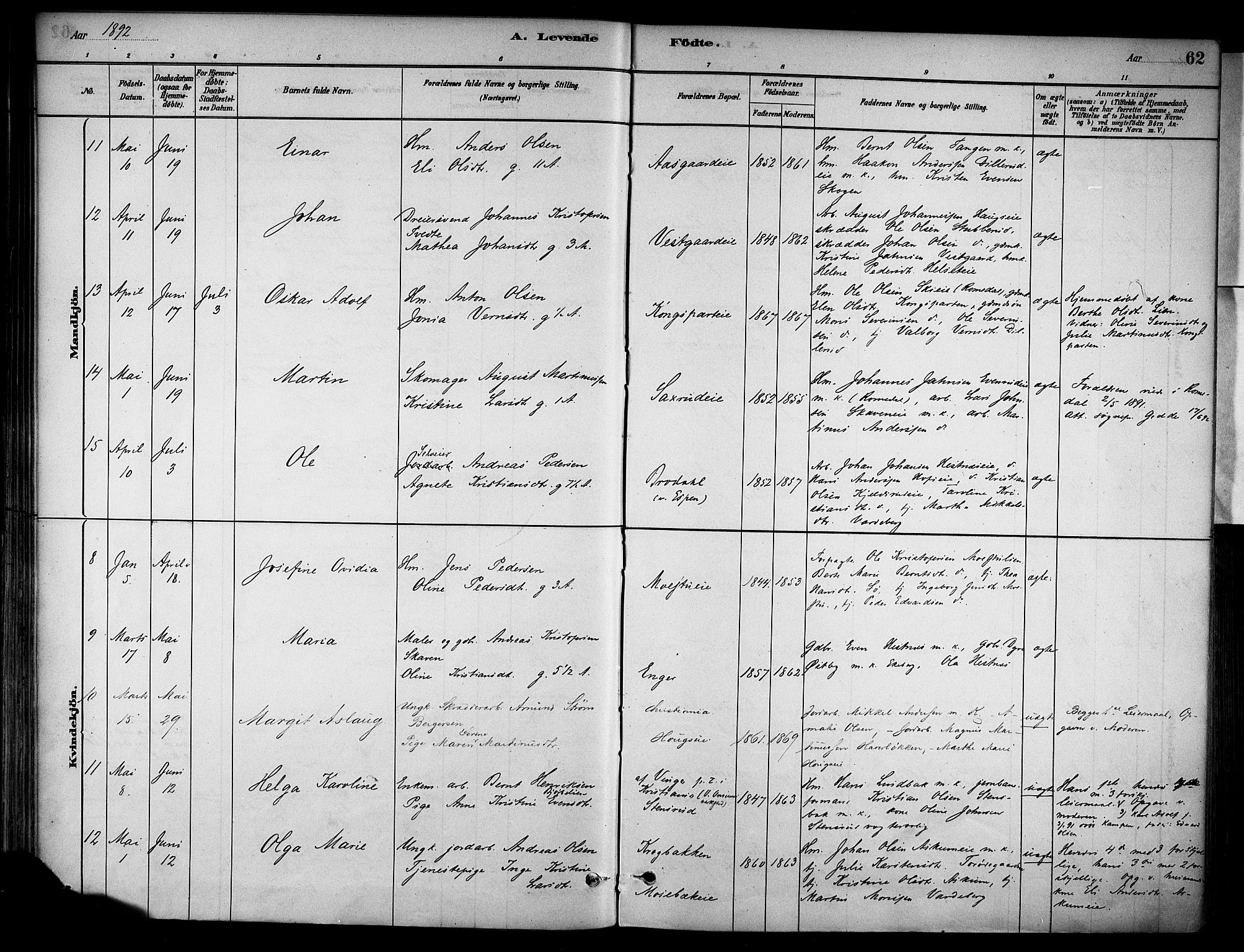 Stange prestekontor, AV/SAH-PREST-002/K/L0018: Parish register (official) no. 18, 1880-1896, p. 62