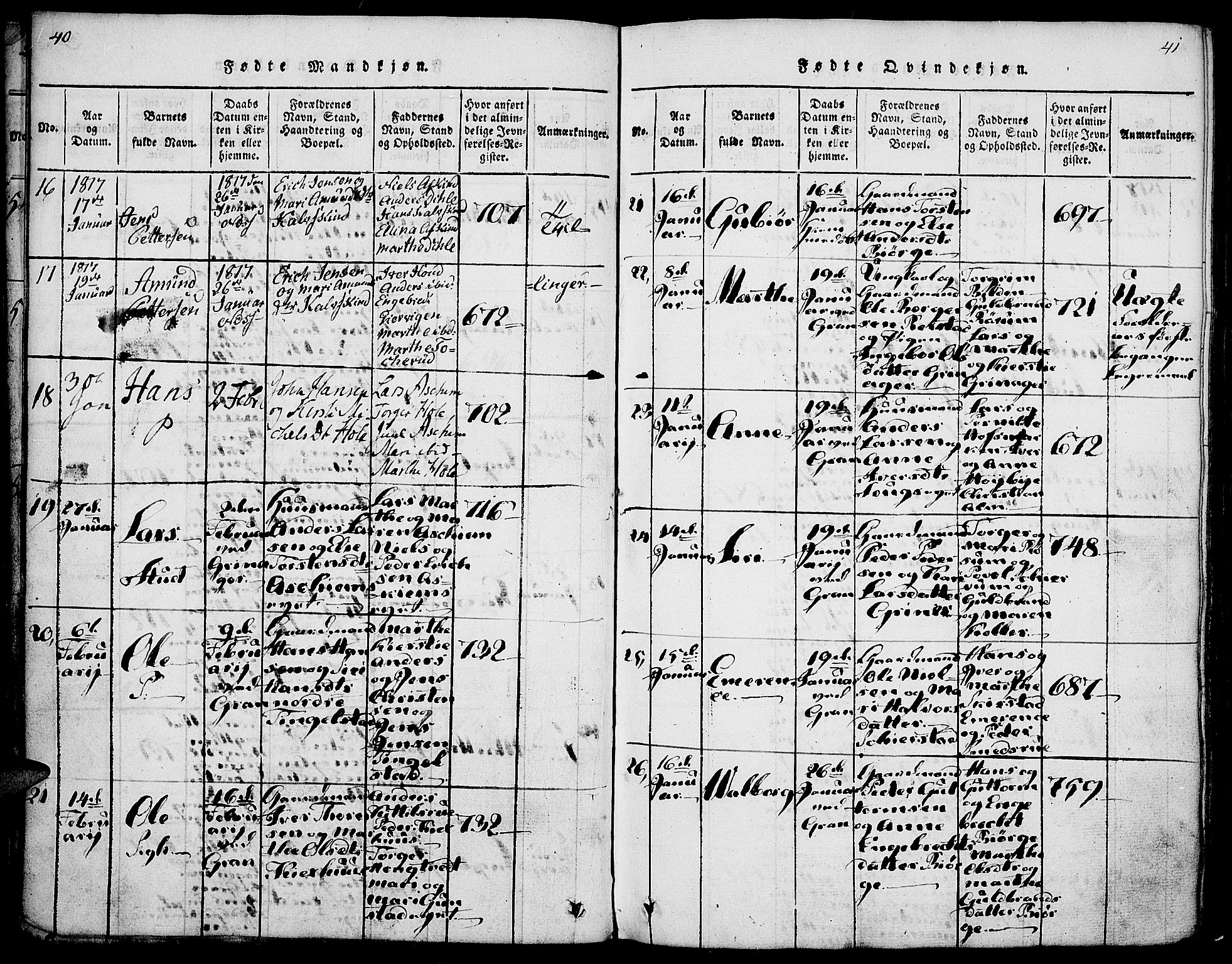 Gran prestekontor, AV/SAH-PREST-112/H/Ha/Haa/L0009: Parish register (official) no. 9, 1815-1824, p. 40-41