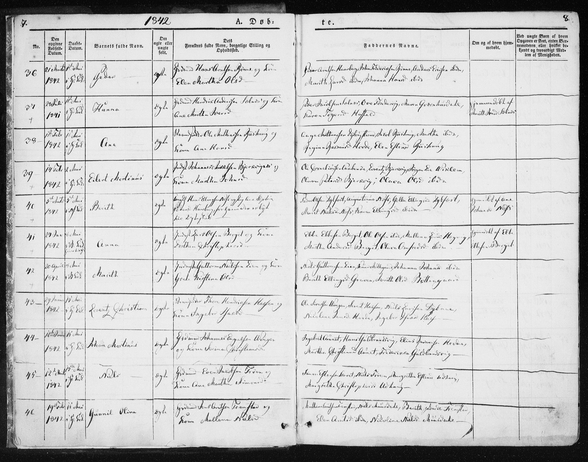 Ministerialprotokoller, klokkerbøker og fødselsregistre - Sør-Trøndelag, AV/SAT-A-1456/659/L0736: Parish register (official) no. 659A06, 1842-1856, p. 7-8