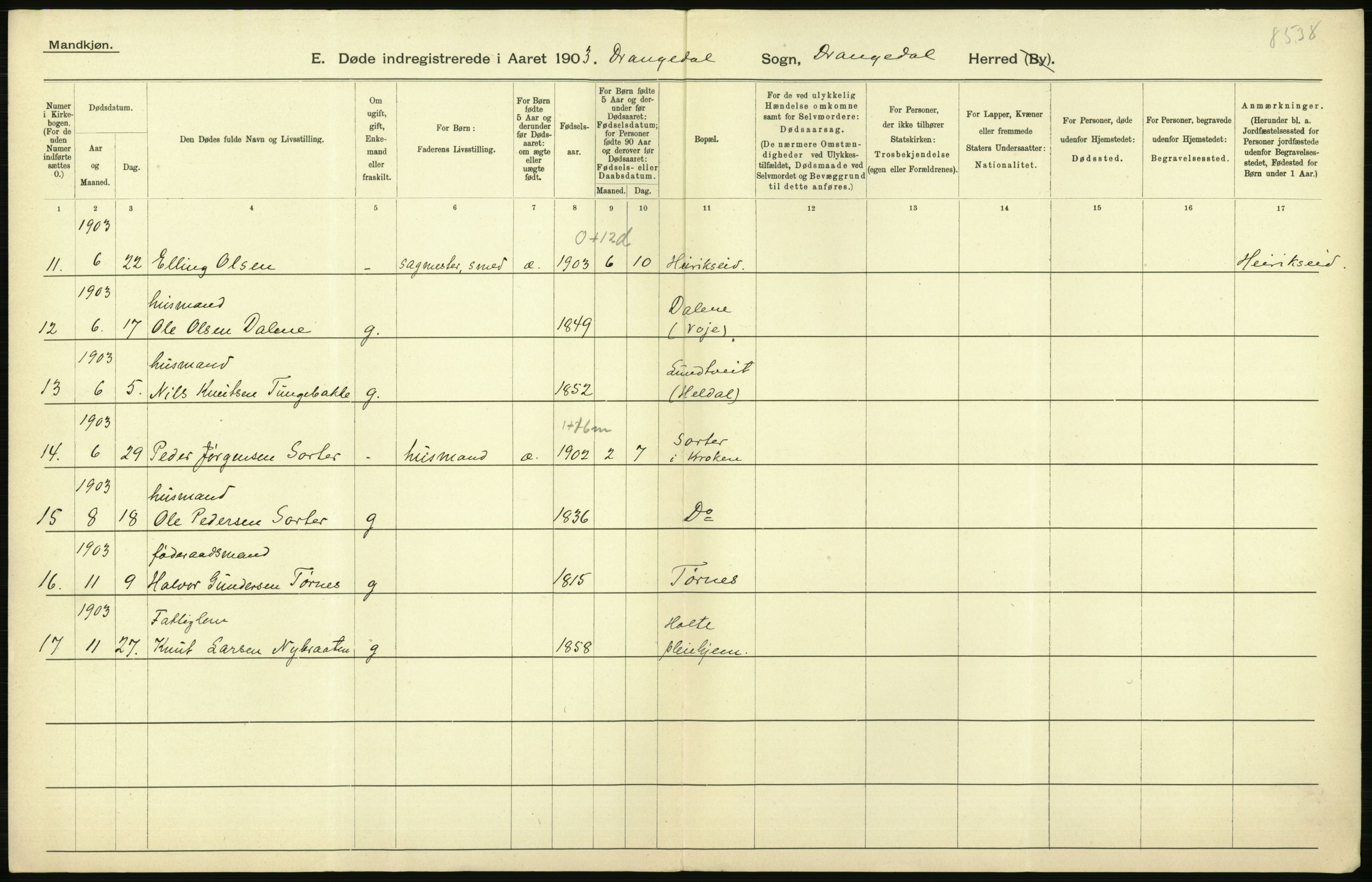 Statistisk sentralbyrå, Sosiodemografiske emner, Befolkning, AV/RA-S-2228/D/Df/Dfa/Dfaa/L0009: Bratsberg amt: Fødte, gifte, døde, 1903, p. 662