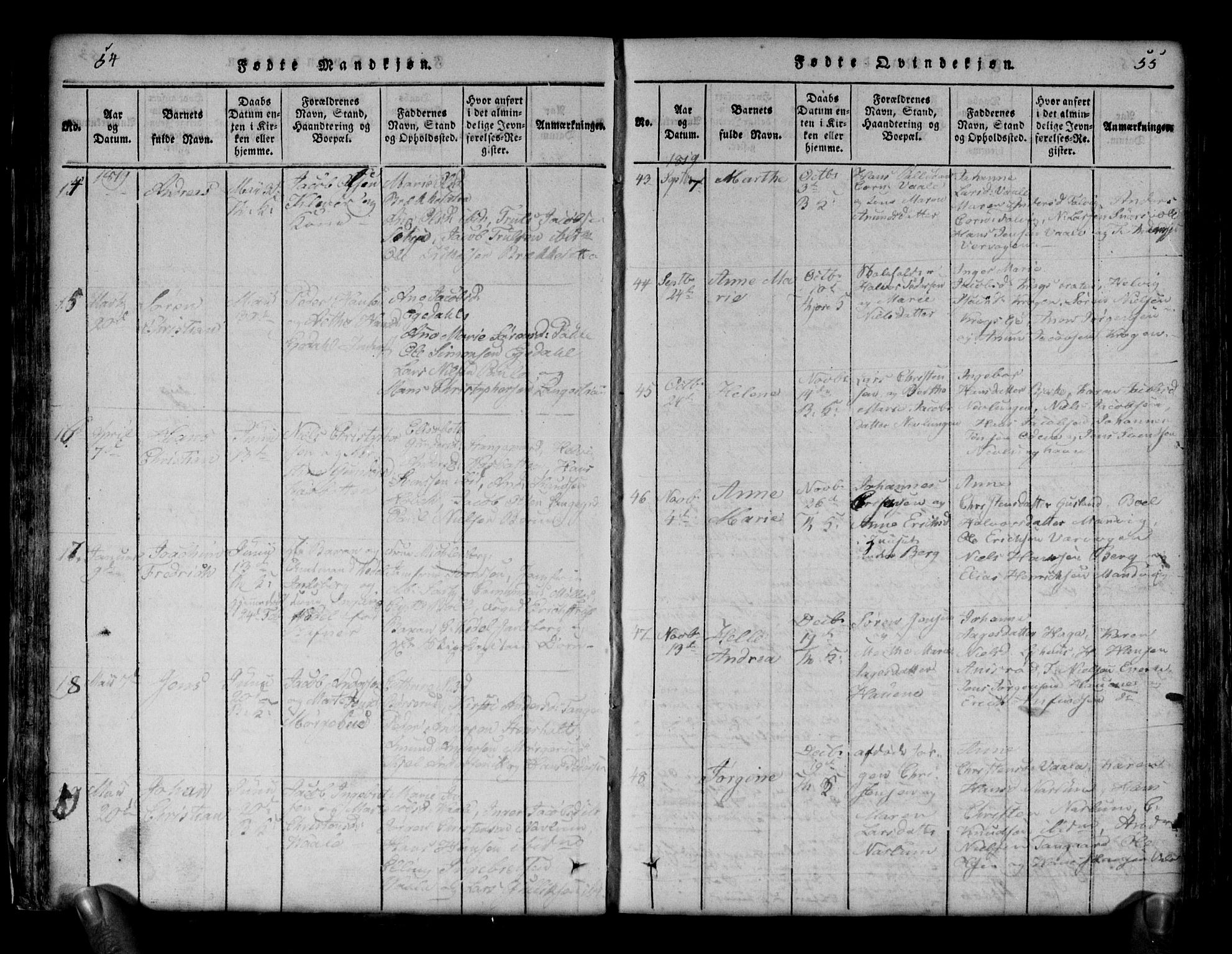 Brunlanes kirkebøker, AV/SAKO-A-342/G/Ga/L0001: Parish register (copy) no. I 1, 1814-1834, p. 54-55