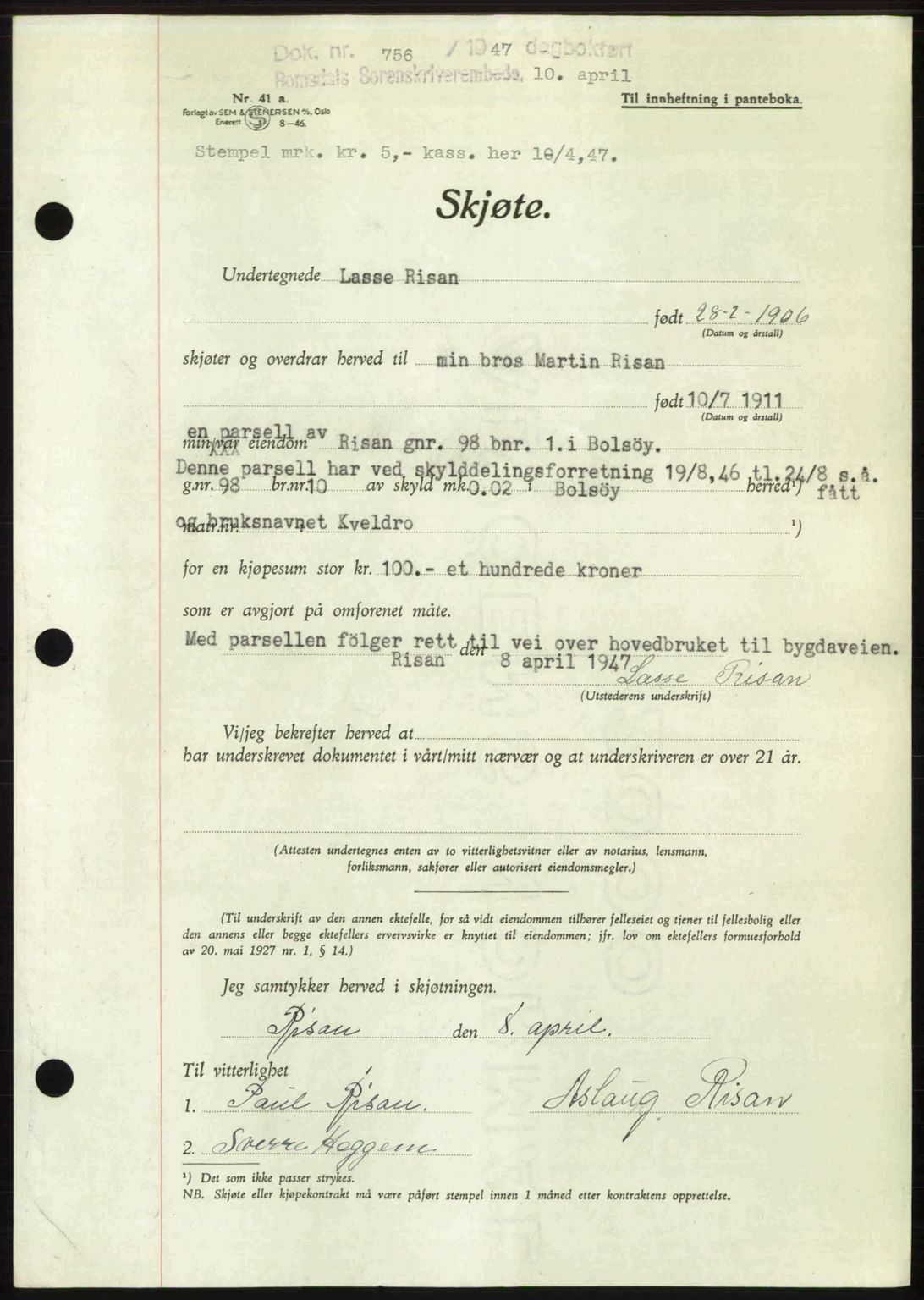 Romsdal sorenskriveri, SAT/A-4149/1/2/2C: Mortgage book no. A22, 1947-1947, Diary no: : 756/1947