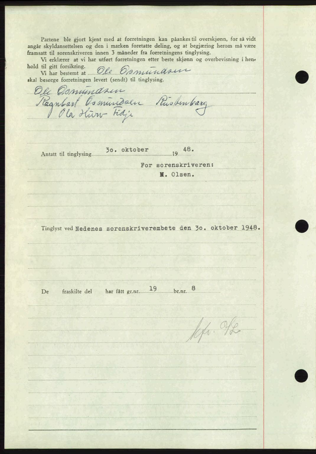 Nedenes sorenskriveri, AV/SAK-1221-0006/G/Gb/Gba/L0059: Mortgage book no. A11, 1948-1948, Diary no: : 1543/1948