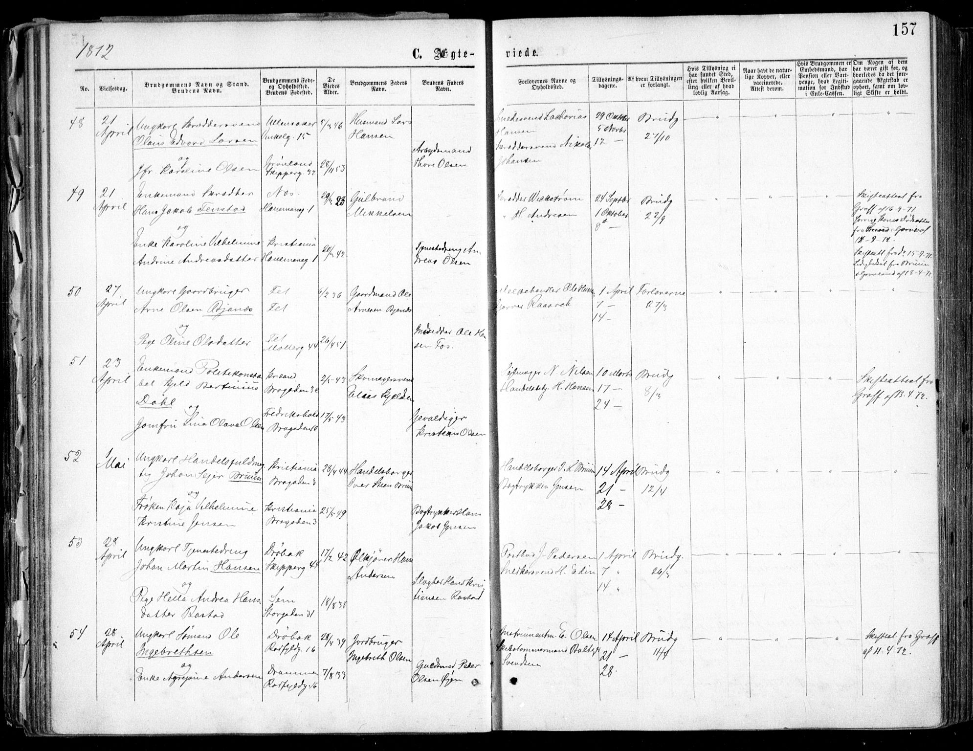 Oslo domkirke Kirkebøker, SAO/A-10752/F/Fa/L0021: Parish register (official) no. 21, 1865-1884, p. 157