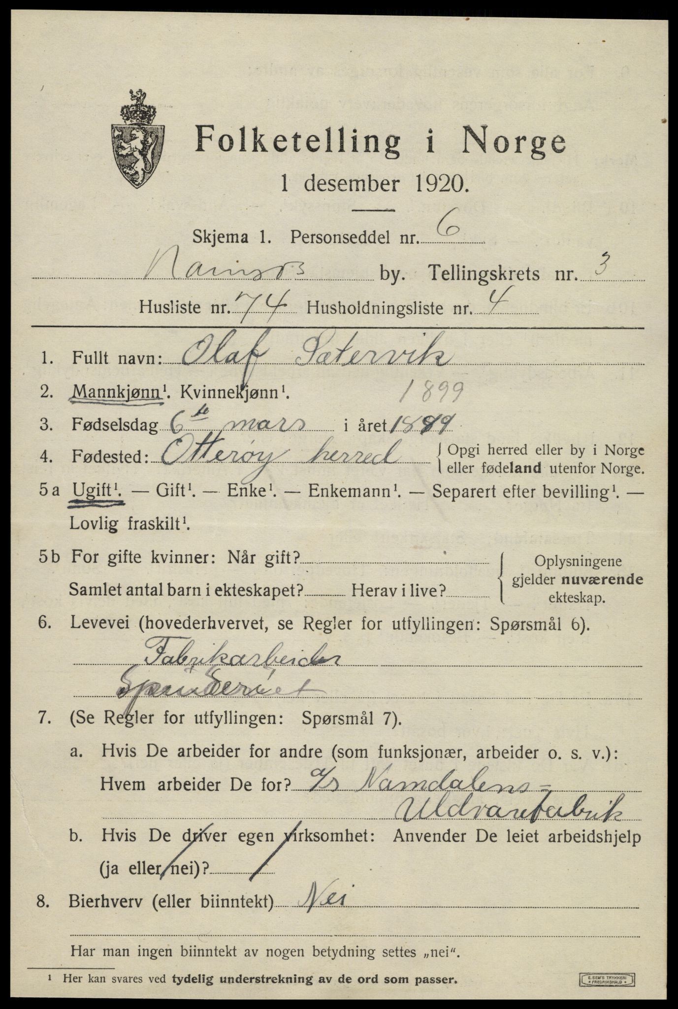 SAT, 1920 census for Namsos, 1920, p. 4831