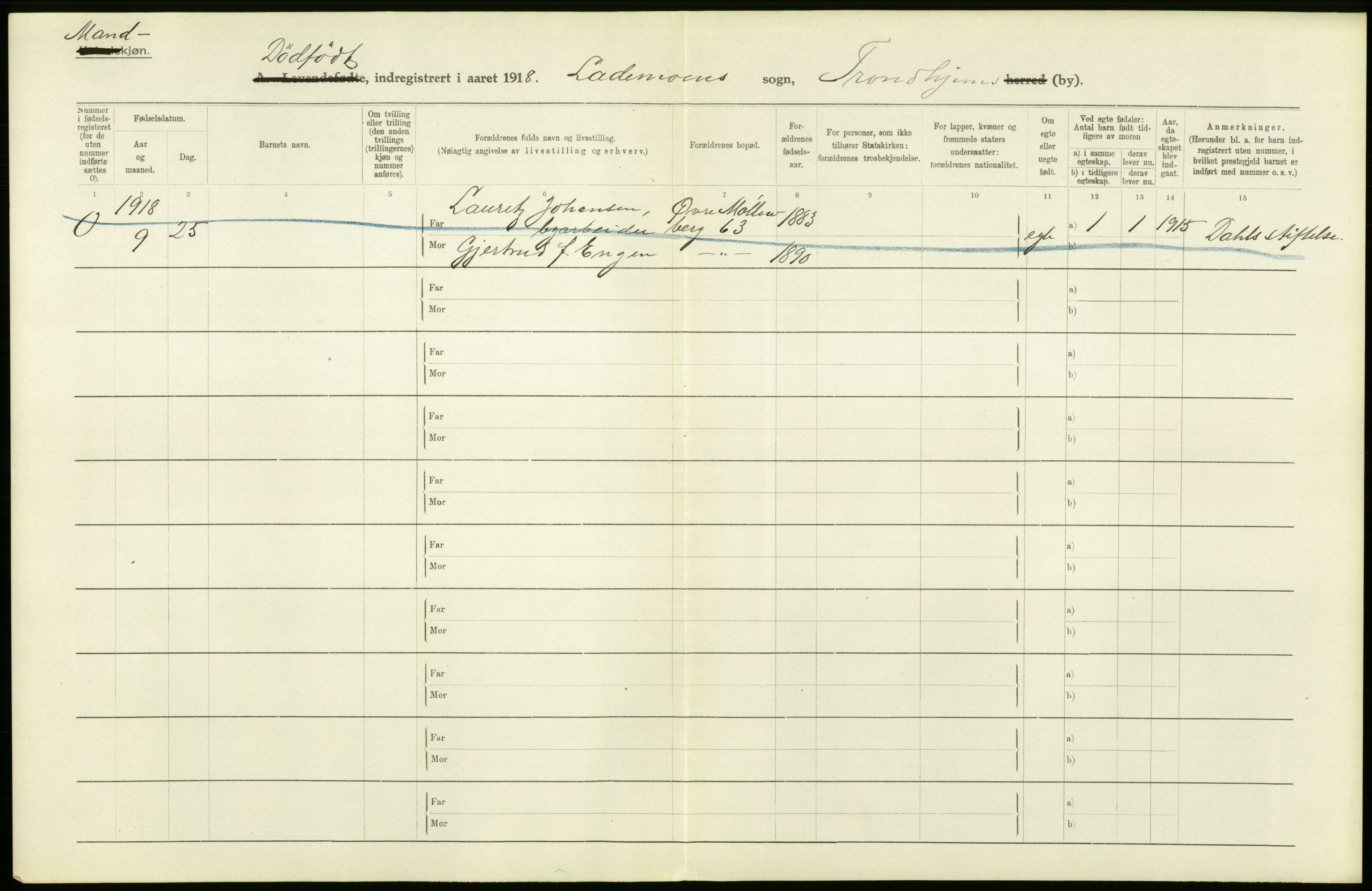 Statistisk sentralbyrå, Sosiodemografiske emner, Befolkning, AV/RA-S-2228/D/Df/Dfb/Dfbh/L0049: Trondheim: Døde, dødfødte., 1918, p. 330