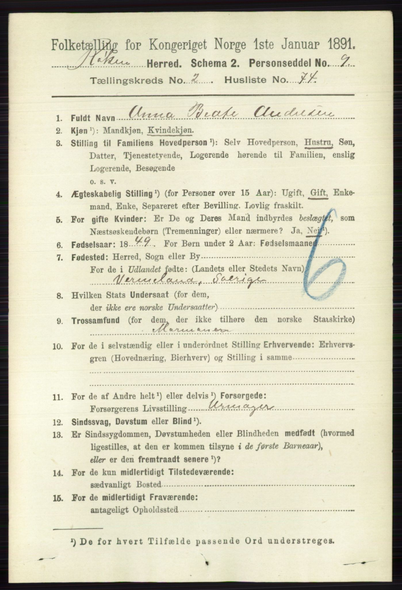 RA, 1891 census for 0627 Røyken, 1891, p. 1084