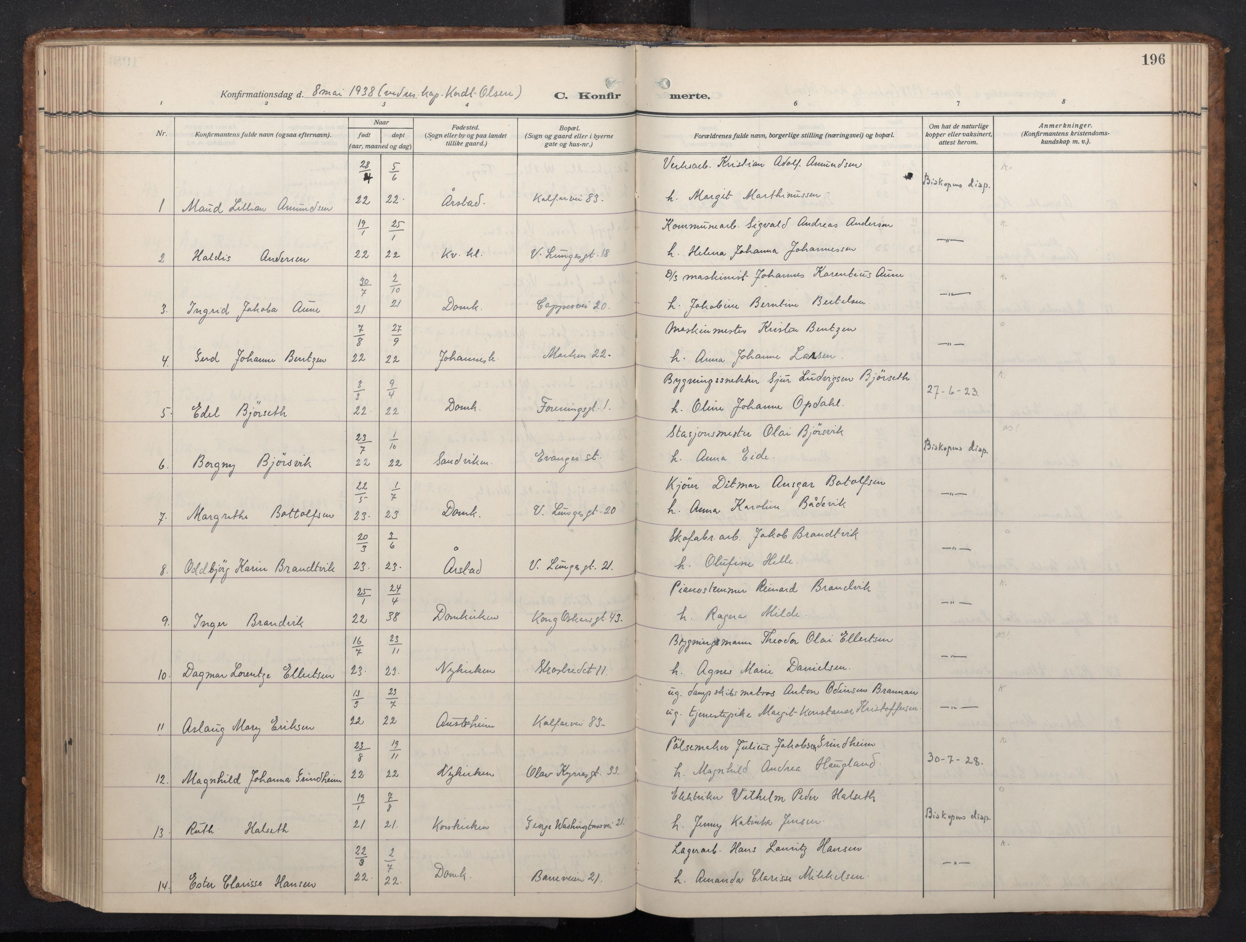 Domkirken sokneprestembete, AV/SAB-A-74801/H/Haa: Parish register (official) no. C 8, 1930-1957, p. 195b-196a