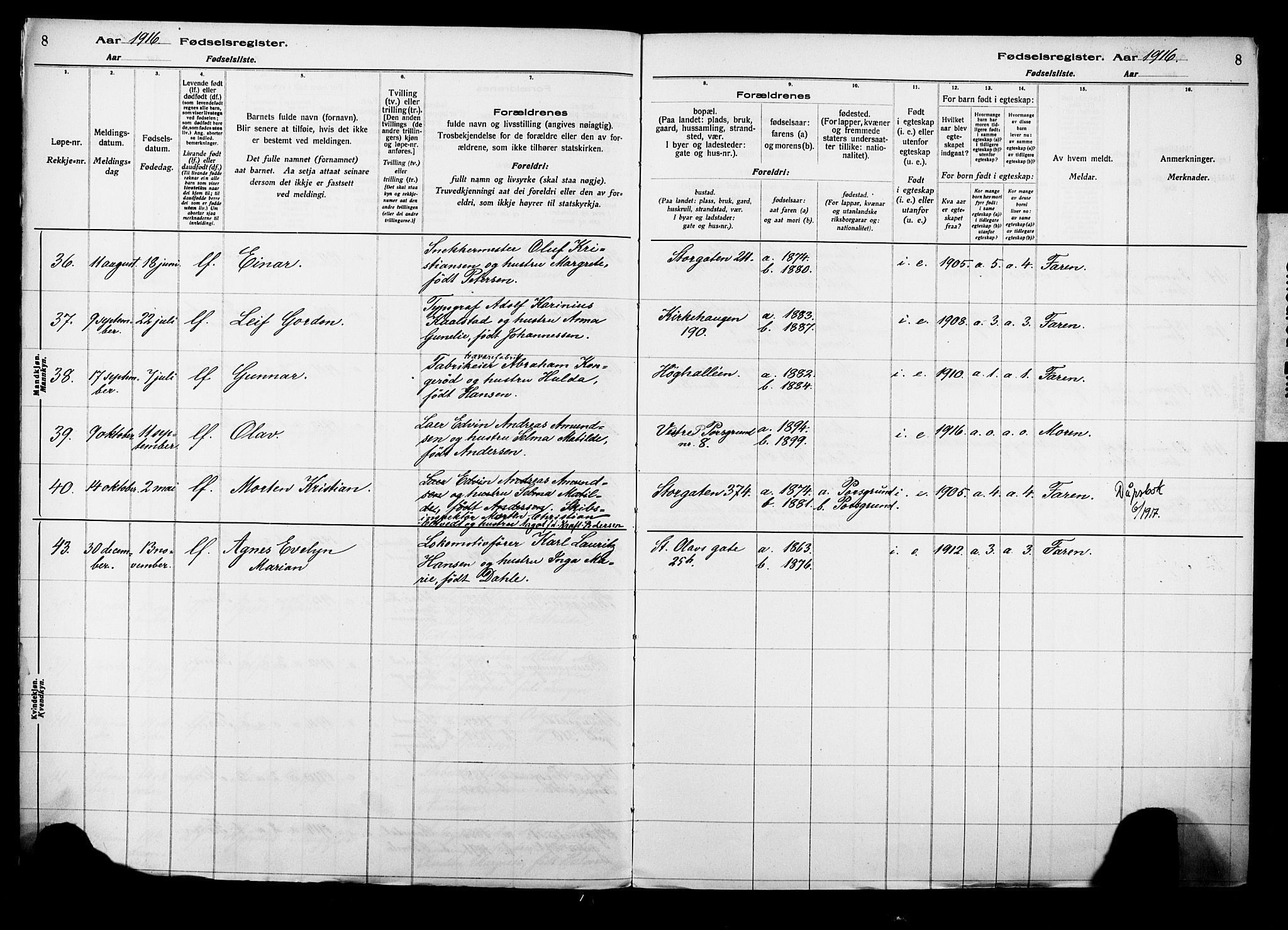 Porsgrunn kirkebøker , AV/SAKO-A-104/J/Ja/L0001: Birth register no. 1, 1916-1929, p. 8