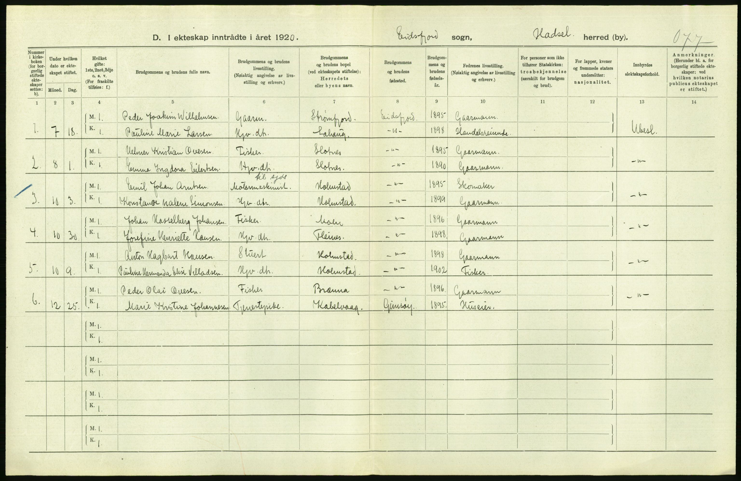 Statistisk sentralbyrå, Sosiodemografiske emner, Befolkning, AV/RA-S-2228/D/Df/Dfb/Dfbj/L0057: Nordland fylke: Gifte, dødfødte. Bygder og byer., 1920, p. 274