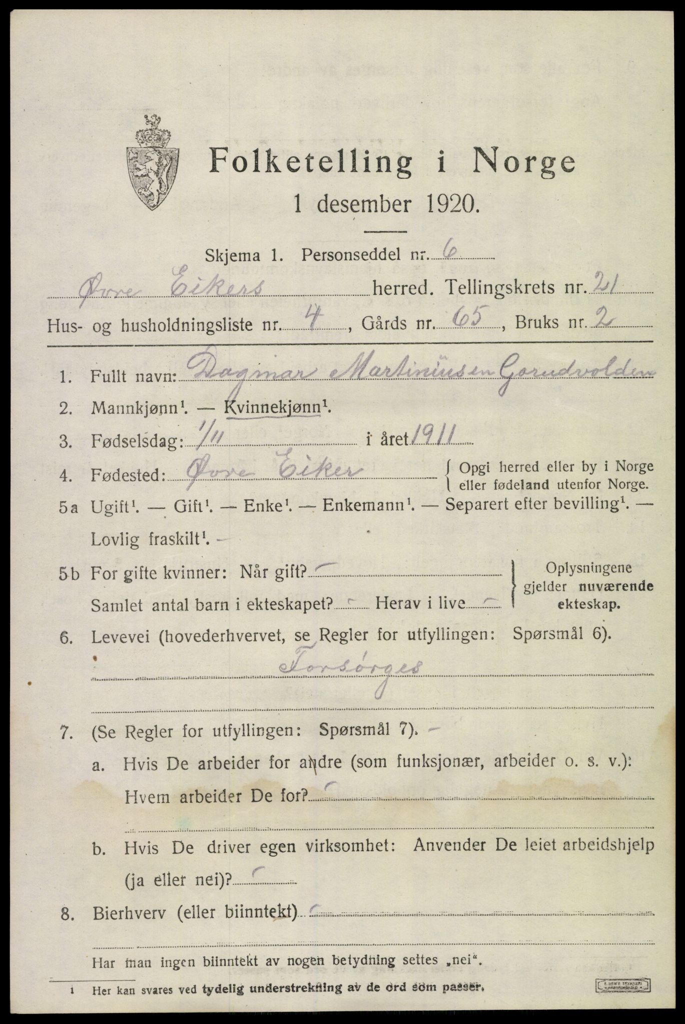 SAKO, 1920 census for Øvre Eiker, 1920, p. 22660