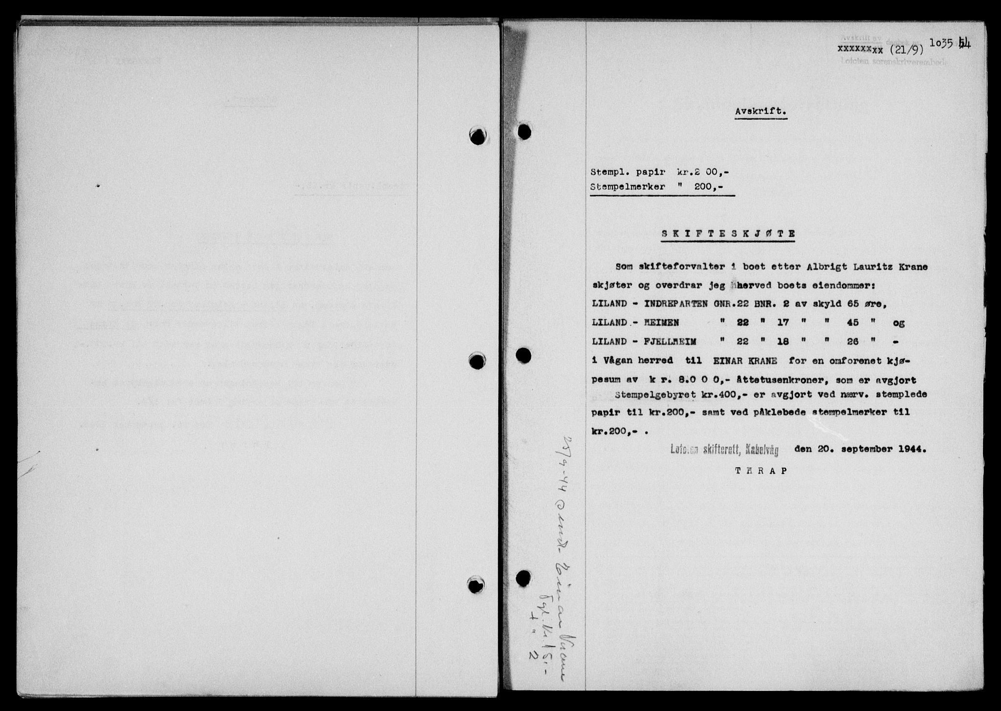 Lofoten sorenskriveri, SAT/A-0017/1/2/2C/L0012a: Mortgage book no. 12a, 1943-1944, Diary no: : 1035/1944