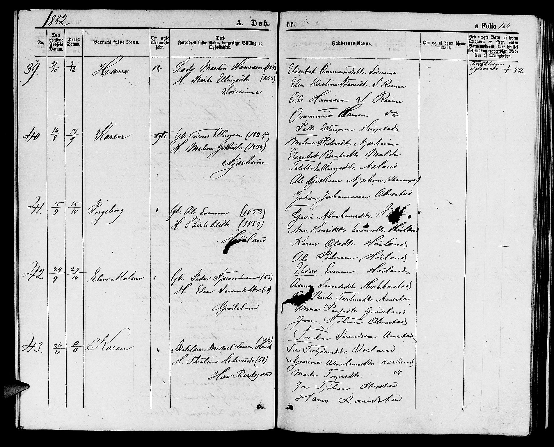 Hå sokneprestkontor, AV/SAST-A-101801/001/30BB/L0001: Parish register (copy) no. B 1, 1854-1883, p. 164