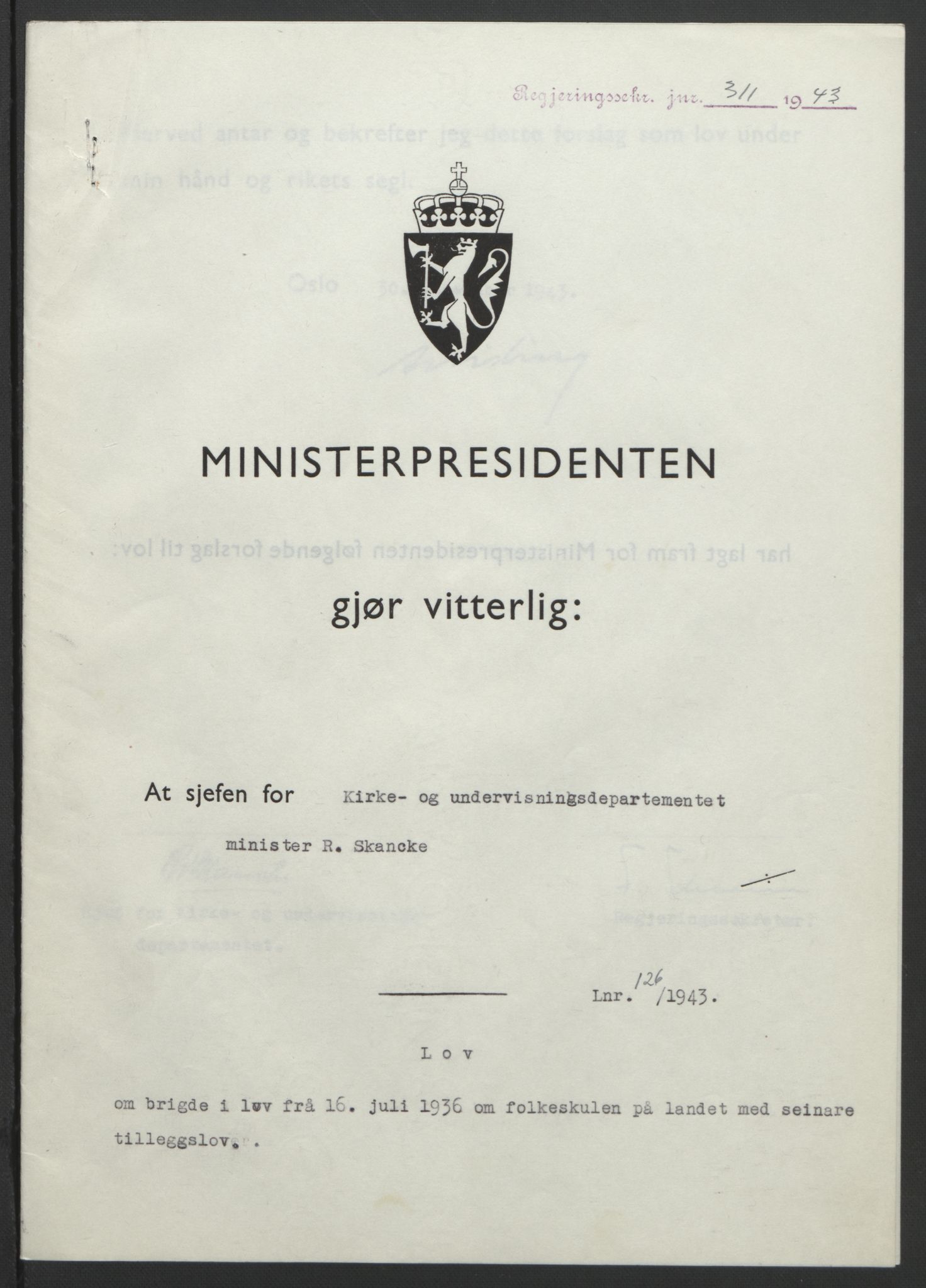 NS-administrasjonen 1940-1945 (Statsrådsekretariatet, de kommisariske statsråder mm), RA/S-4279/D/Db/L0099: Lover, 1943, p. 584