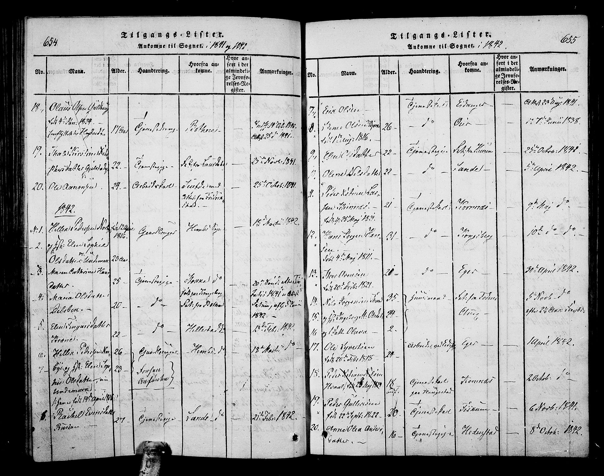 Hof kirkebøker, SAKO/A-64/F/Fa/L0004: Parish register (official) no. I 4, 1814-1843, p. 654-655