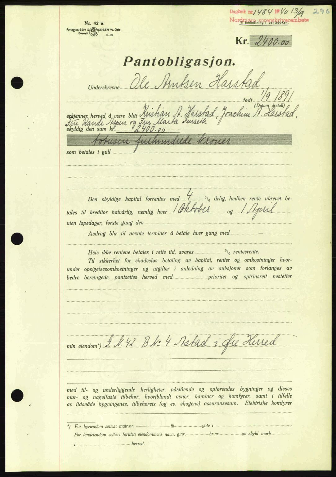 Nordmøre sorenskriveri, AV/SAT-A-4132/1/2/2Ca: Mortgage book no. B87, 1940-1941, Diary no: : 1484/1940