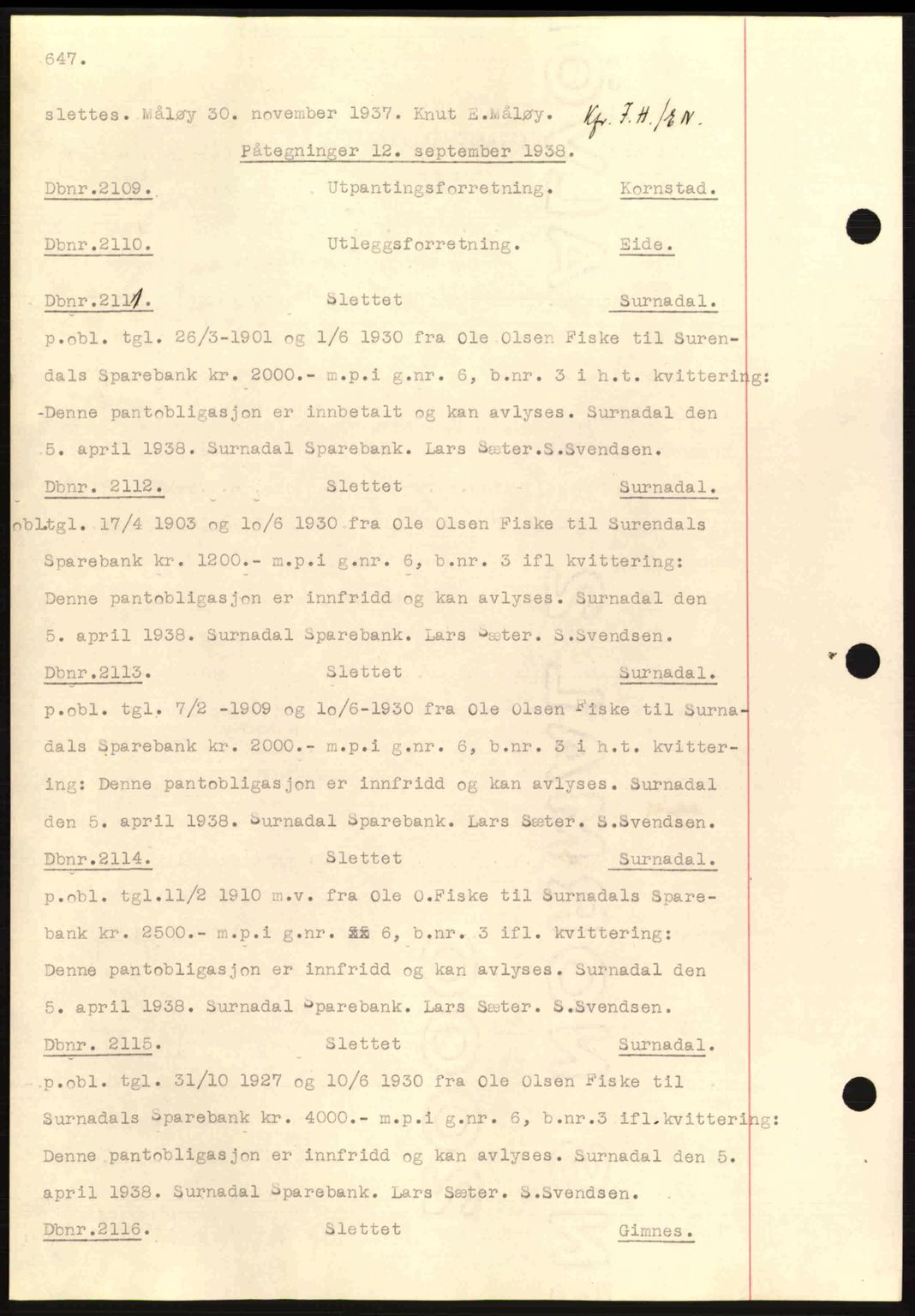 Nordmøre sorenskriveri, AV/SAT-A-4132/1/2/2Ca: Mortgage book no. C80, 1936-1939, Diary no: : 2109/1938