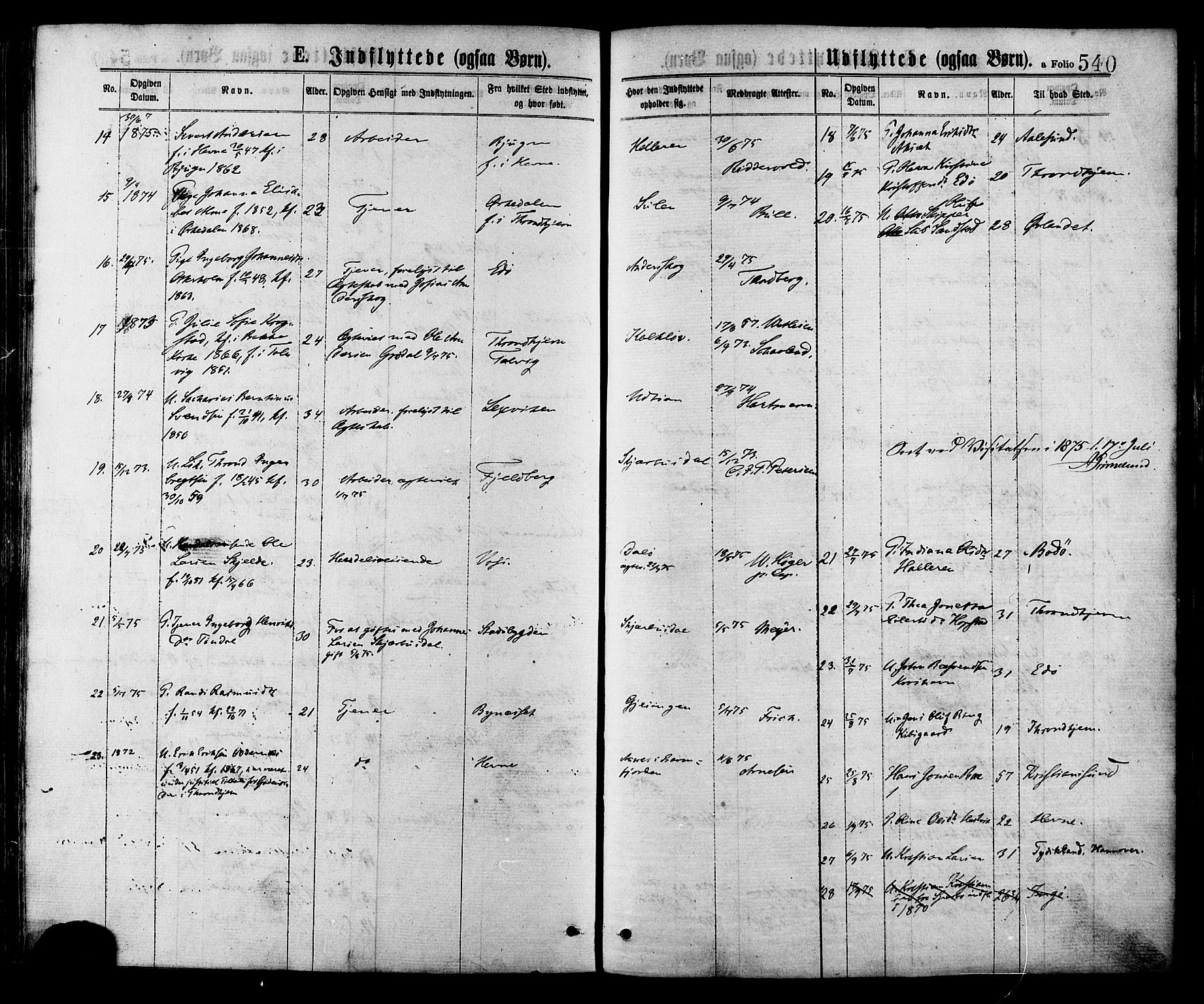 Ministerialprotokoller, klokkerbøker og fødselsregistre - Sør-Trøndelag, AV/SAT-A-1456/634/L0532: Parish register (official) no. 634A08, 1871-1881, p. 540